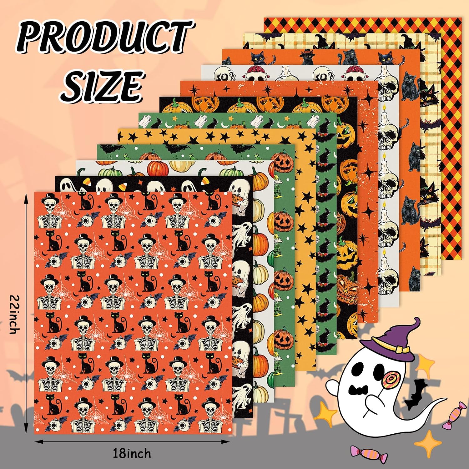 JarThenaAMCS 12Pcs Halloween Cotton Fabric Bundles Pumpkin Black Cat Skull Ghost Fat Quarters Orange Green Quilting Patchwork for DIY Sewing Craft Decor, 18 x 22 Inch