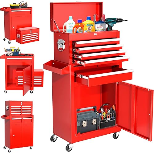 INTERGREAT Red Tool Chest, 5-Drawer Rolling Tool Chest with Detachable Top Tool Box, Tool Chest with Universal Lockable Wheels, Metal Tool Cart for Garage, Workshop, Barbershop