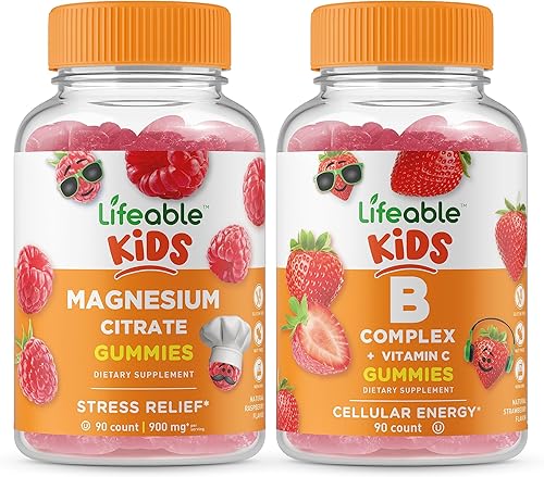 Lifeable Magnesium Kids + B Complex Kids - Paquete de gomitas de gran sabor, suplemento vitamínico, sin gluten, sin OMG, gomita masticable