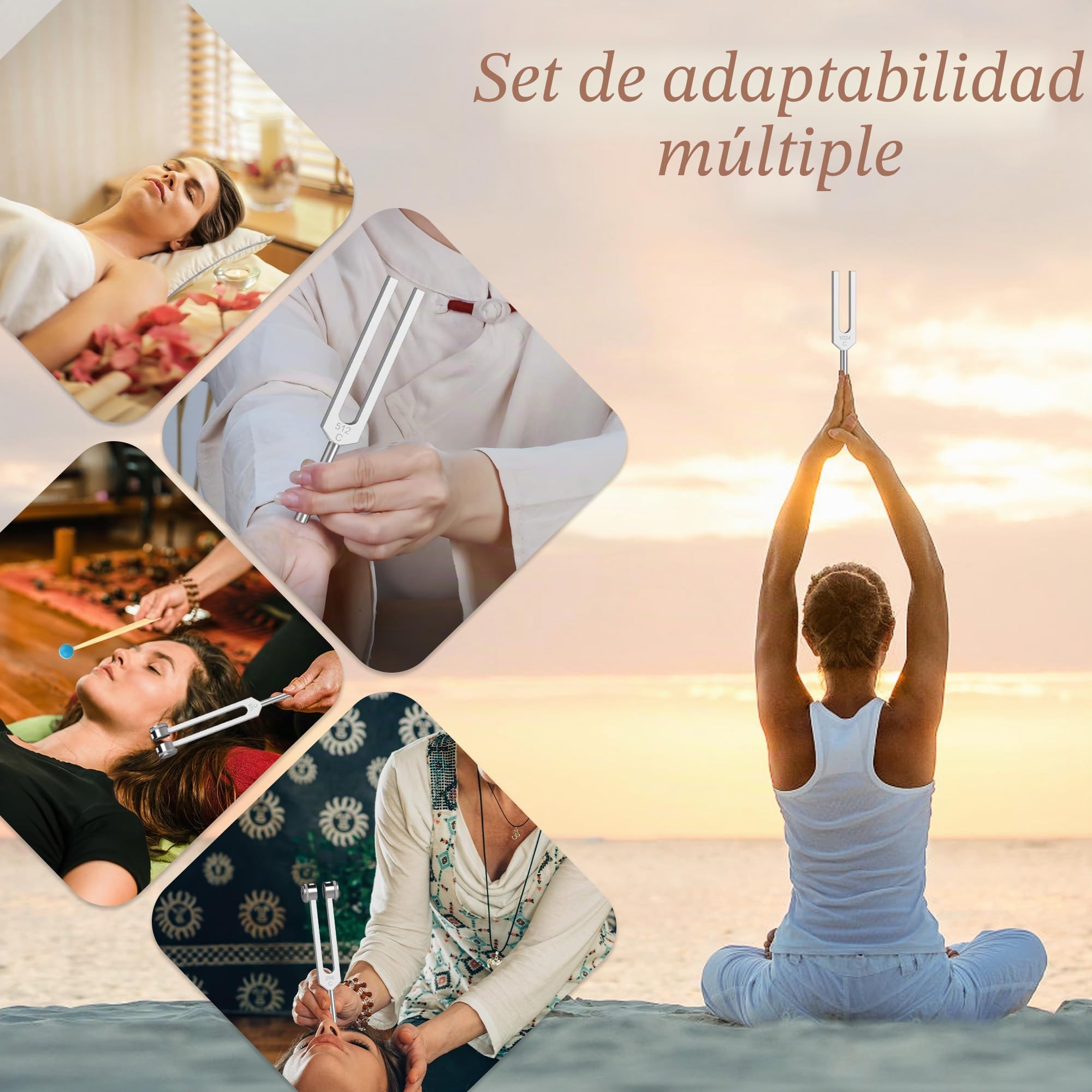 Juego de 6 diapasones de 128 Hz, 256 Hz, 512 Hz, 1024 Hz, 2048 Hz, 4096 Hz, diapasones de chakra para yoga, meditación, equilibrio de chakras, relajación (con martillo)