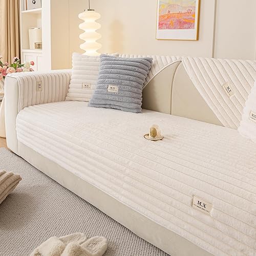 Miniatura 7 de Funda para sofá de piel sintética, antideslizante y a rayas, funda de sofá de felpa de conejo (blanco, 36 x 70 pulgadas, funda de sofá de 3 plazas)