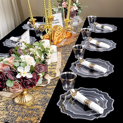 Miniatura 8 de COLOSUS Juego de cubiertos dorados desechables de 350 piezas de plástico transparente para fiesta 50 platos llanos, 50 platos de postre, 50