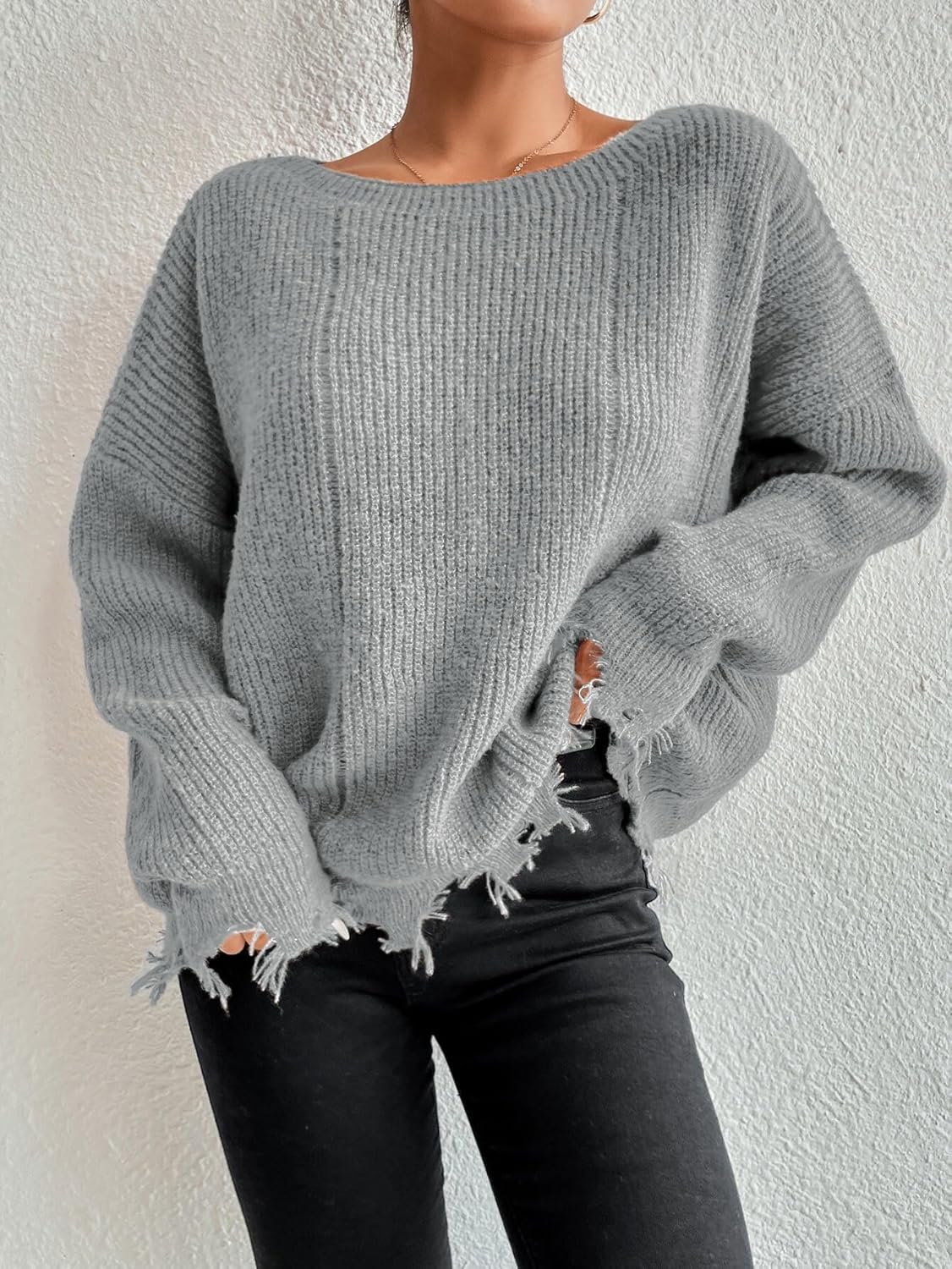 SKAYS Women's Green Distressed Drop Shoulder Boat Neck Ribbed Knit Fringe Sweater Pullover - Image 4