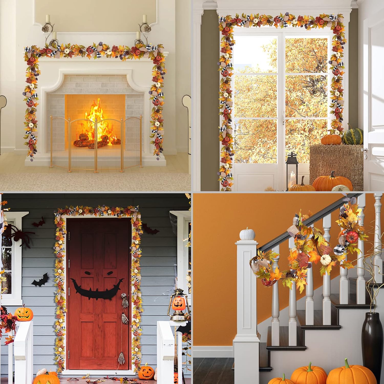 6 Ft Thanksgiving Fall Garland Decor, Artificial Autumn Garlands with Pumpkins, Maple Leaves, Ribbon and Pine Cone for Indoor Outdoor Fireplace Window Home Decoration