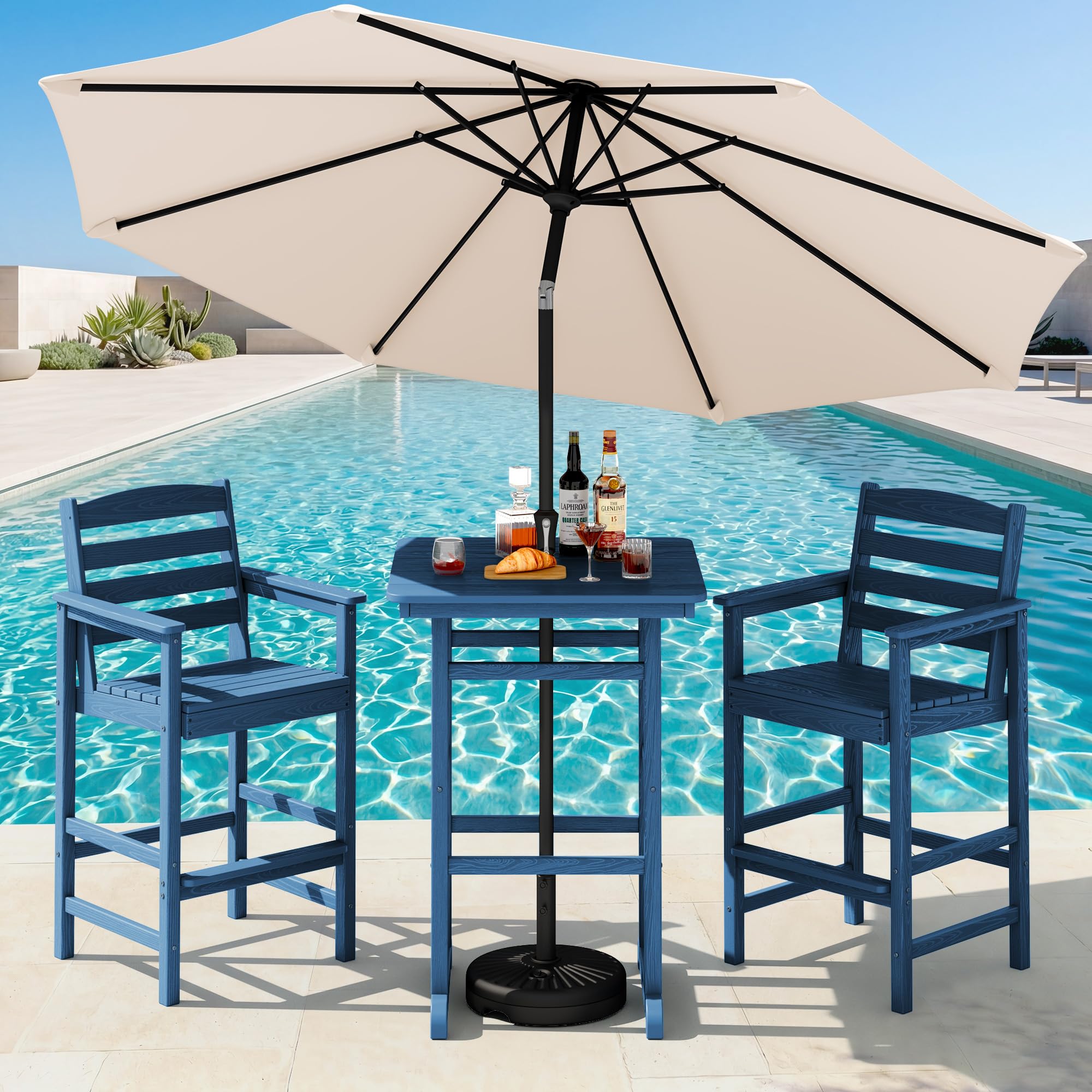 SERWALL 4 Pcs HDPE Bar Height Adirondack Chairs and Bar Table Set, Blue