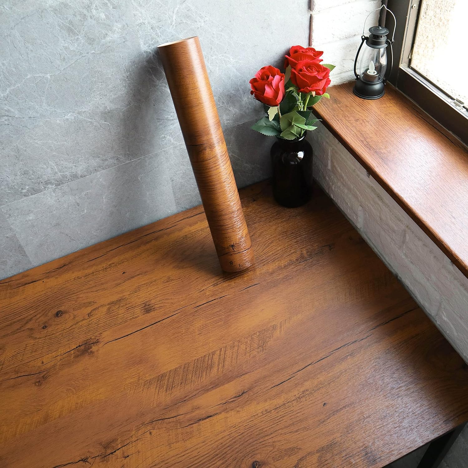 ONETON Wood Grain Wallpaper Brown Wood Peel and Stick Wallpaper Self Adhesive Waterproof Wall Paper for Furniture Countertops (Brown Grain Wood, 24x150 Inch)