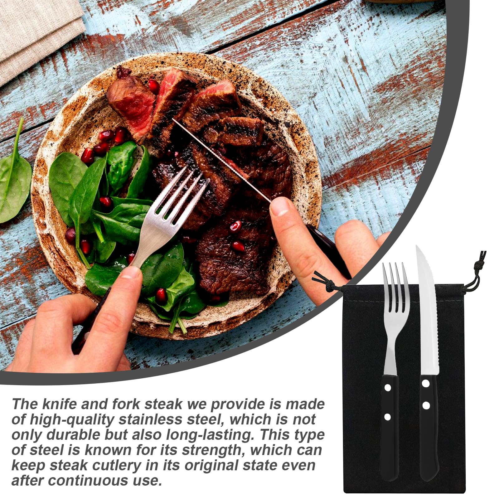 Cubertería de carne de 30 piezas, cuchillería para 15 personas, cuchillos de carne, tenedor y bistec, cubiertos de acero para bistec (negro)