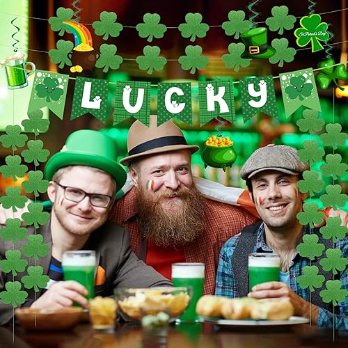 Miniatura 4 de 31 piezas de decoraciones del día de San Patricio, trébol premontado, banderines de la suerte, trébol, remolinos colgantes, decoración irlandesa