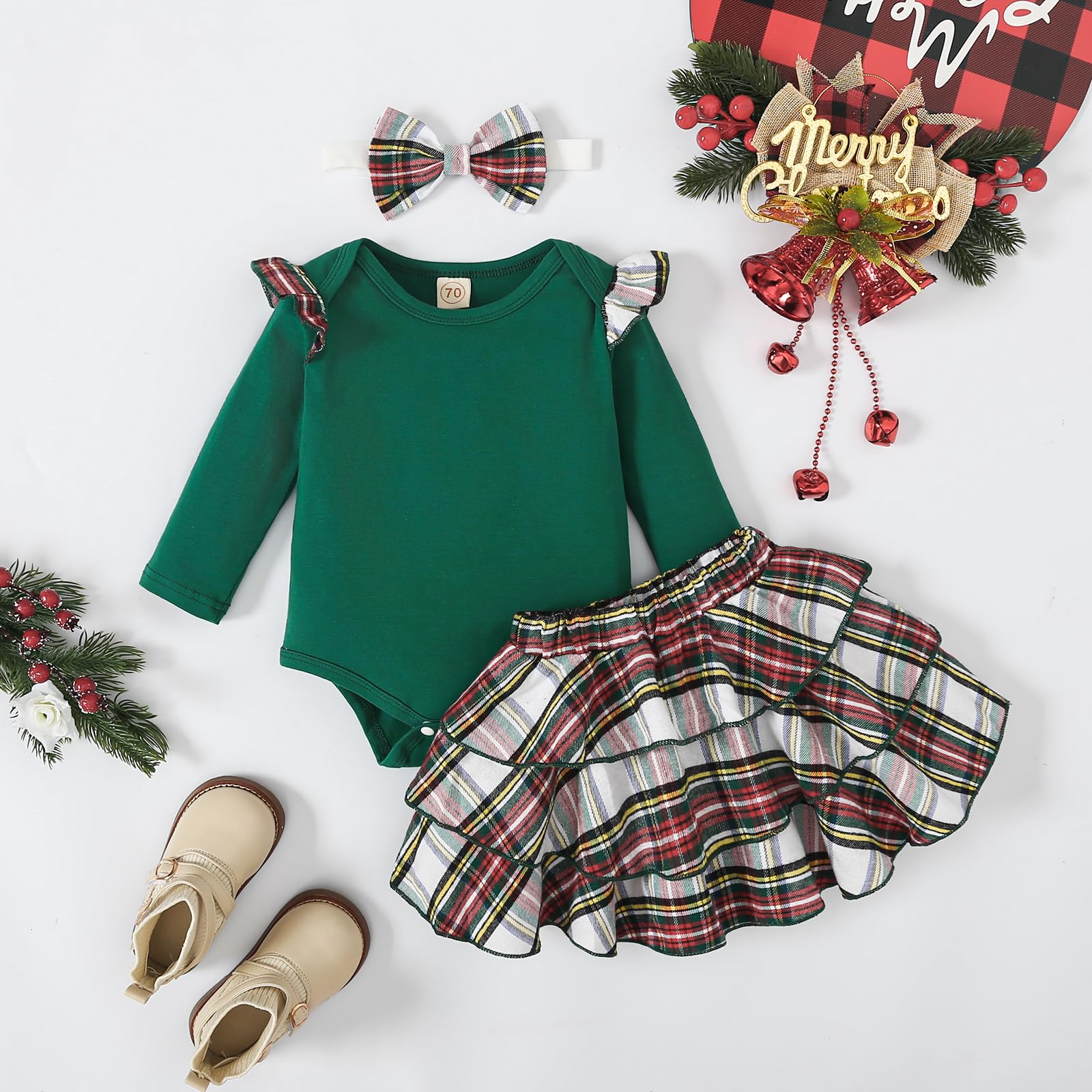 Ovmxqso Newborn Baby Girl Christmas Outfit Ruffle Ribbed Long Sleeve Romper Buffalo Snowflake Floral Skirt Set Headband 3Pcs?Green,6-9 Months