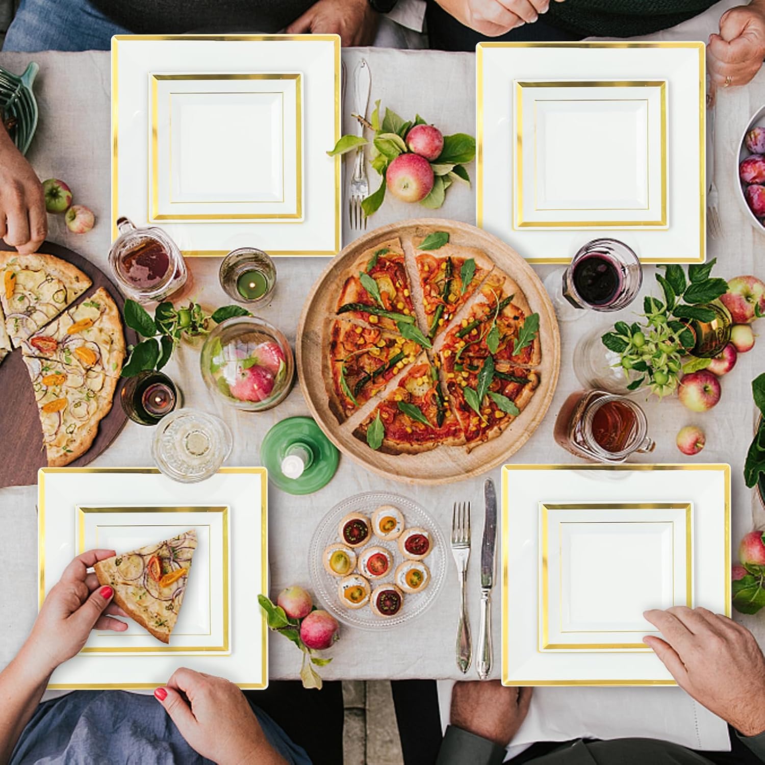 Goodluck 352 Piece Gold Dinnerware Set for 50 Guests, Thanksgiving Square Plastic Plates with Gold Trim, Include: 100 Plastic Plates, 50 Rolled Napkins, 50 Cups, 50 Cutlery Set and 2 Tablecloth - Image 7