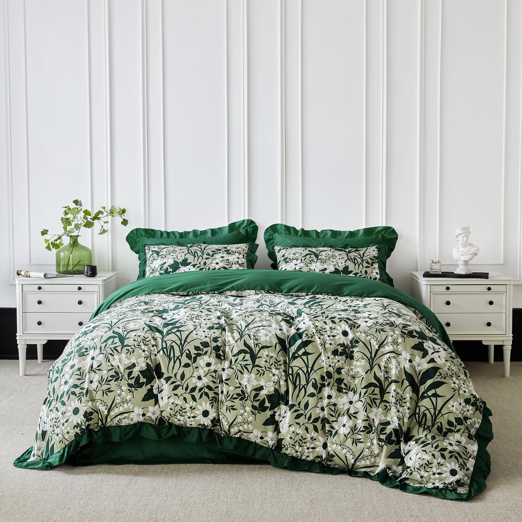 SUSYBAO Green Floral Duvet Cover Queen 100% Cotton 3 Pcs Set 1 Decorative Dark Green Ruffle Duvet Cover with Zipper Ties 2 Pillow Shams Farmhouse