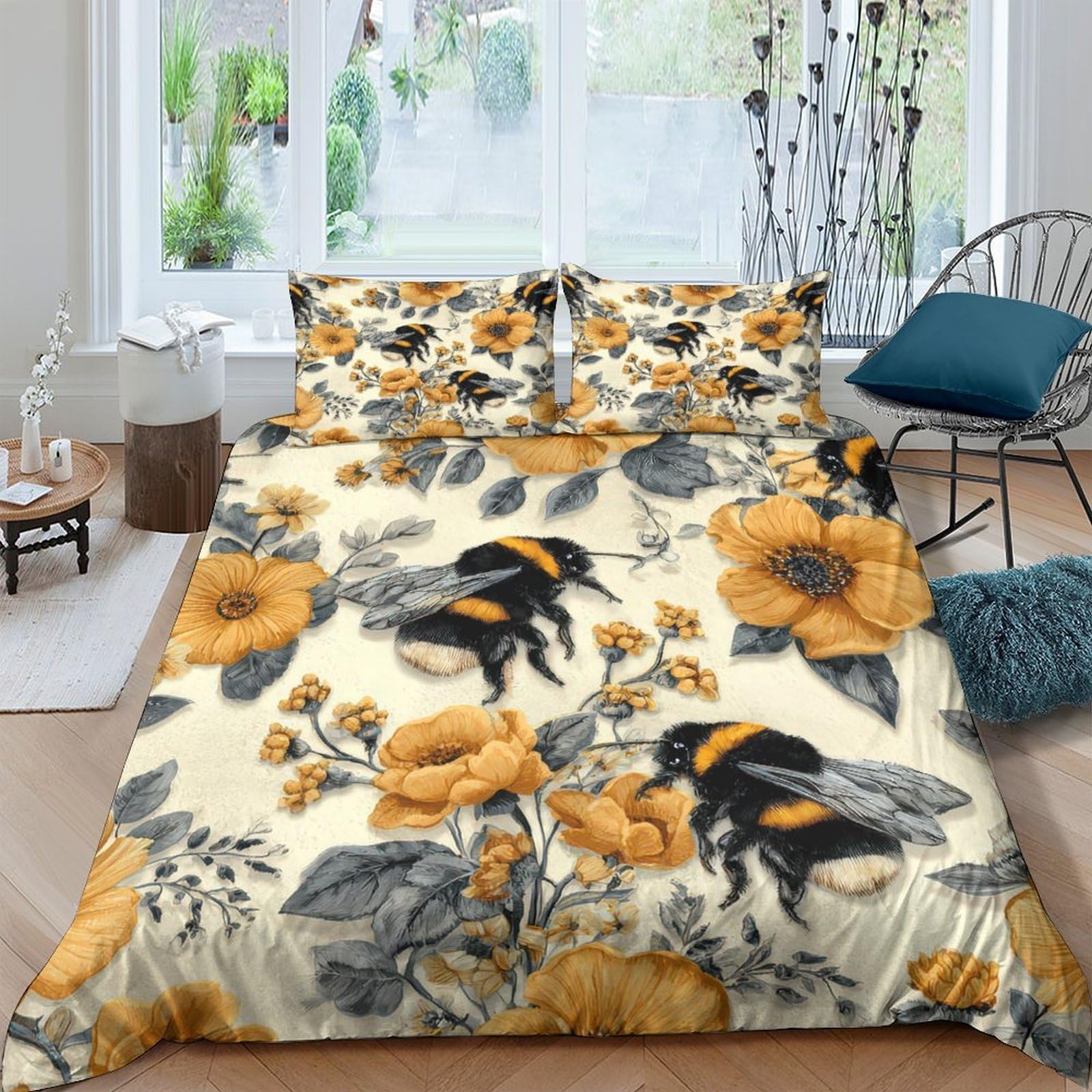 Ctjqhvkz Style-5 3D Printed Yellow Floral Bee Fitted Sheet Microfiber Soft Breathable Botanical Mattress Cover Bedroom Home Decor Single（135X200cm）