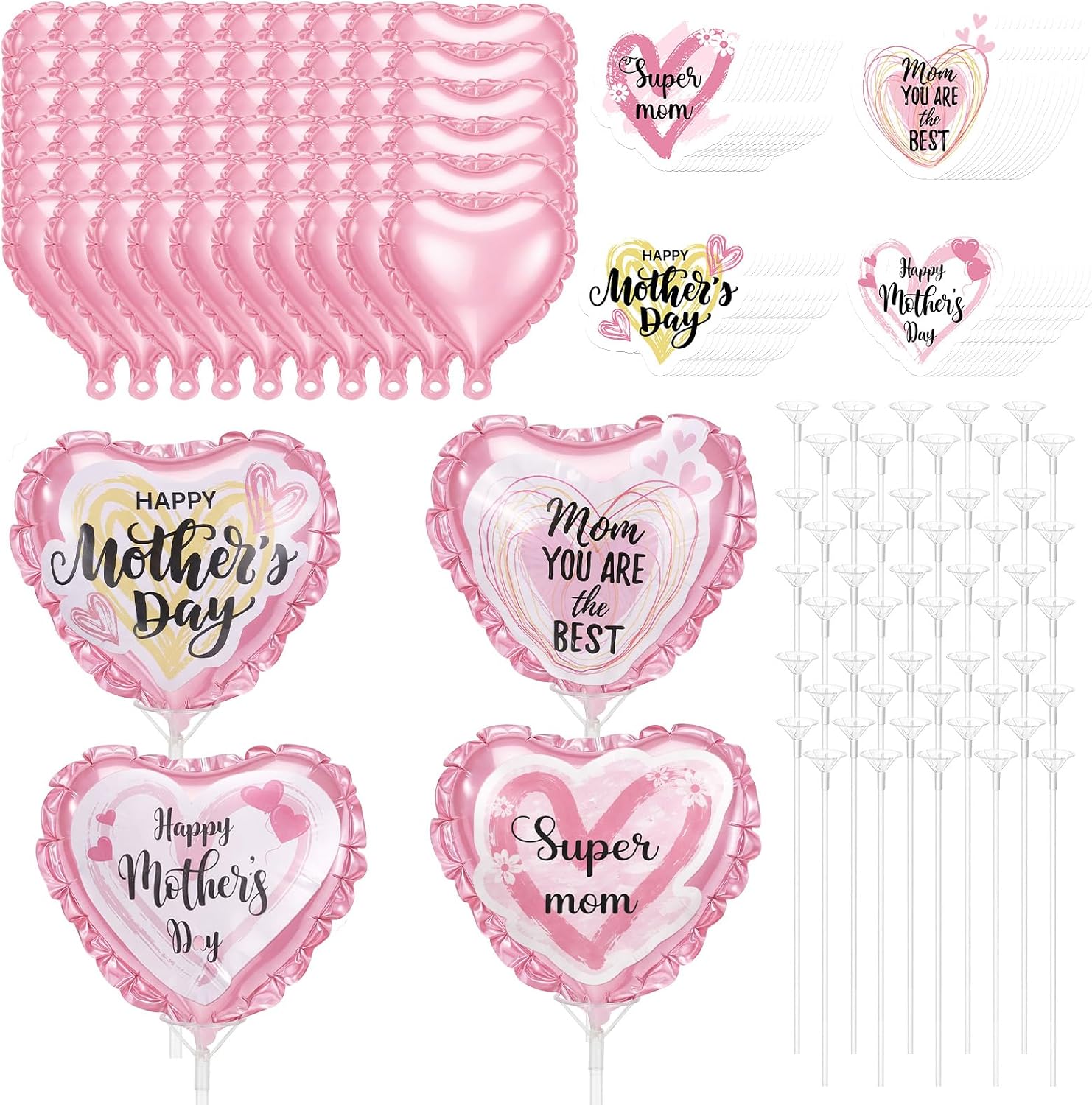 Blueweenly 60 Pcs Mother's Day Heart Foil Balloons with Sticks, Pink Balloon Kit with 60 DIY Mother's Day Stickers (4 Designs), Party Decorations & Gifts for Mom(4 Inch)