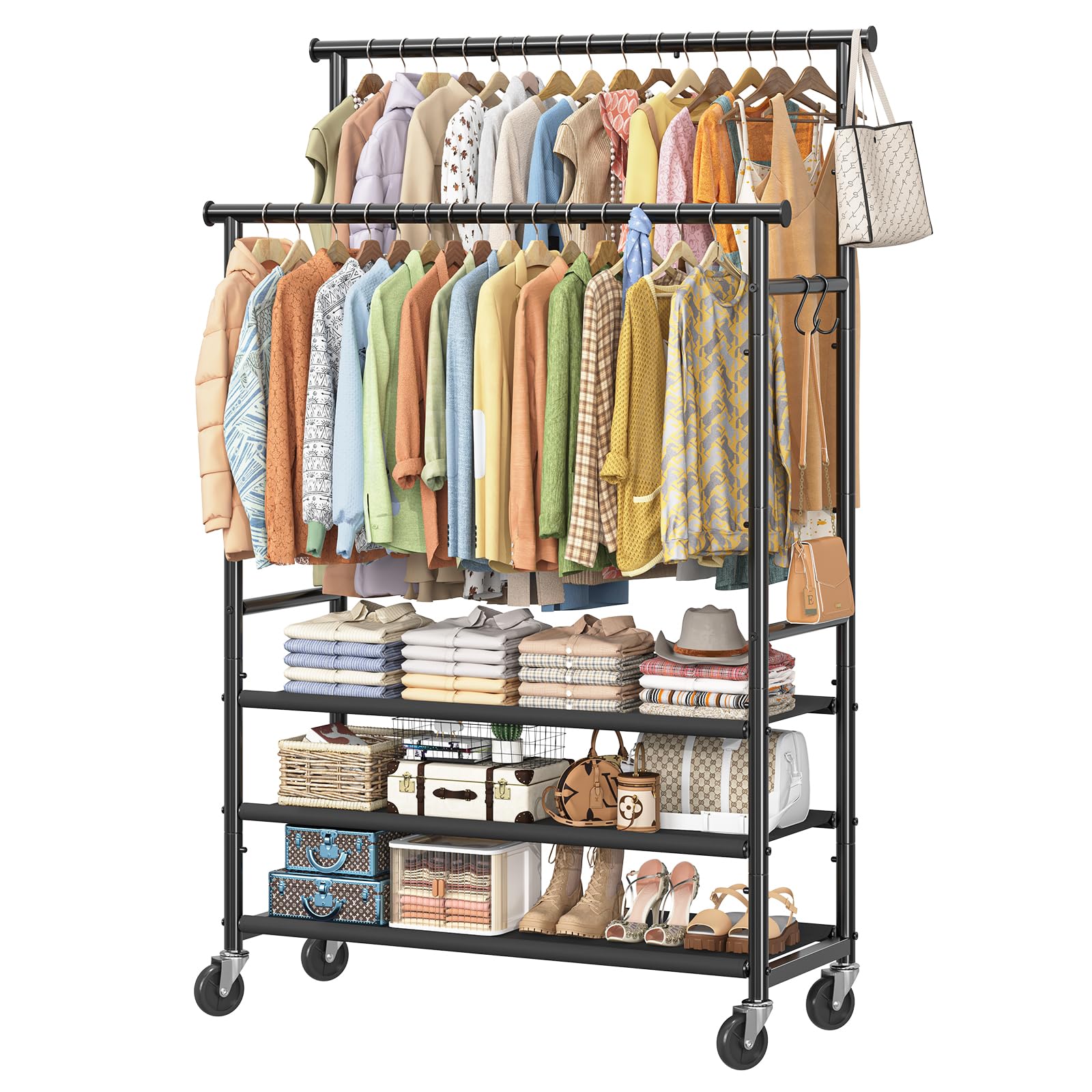 Double Rods Clothes Rack for Hanging Clothes Rolling Clothing Rack with Wheels 3-Tier Hanging Rack with Mesh Shelves