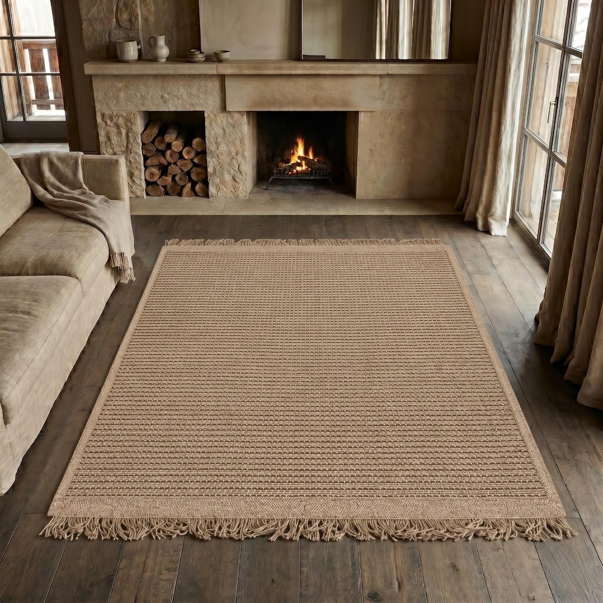 Tapis en jute artisanal à franges beige naturel 120x160 - style bohème