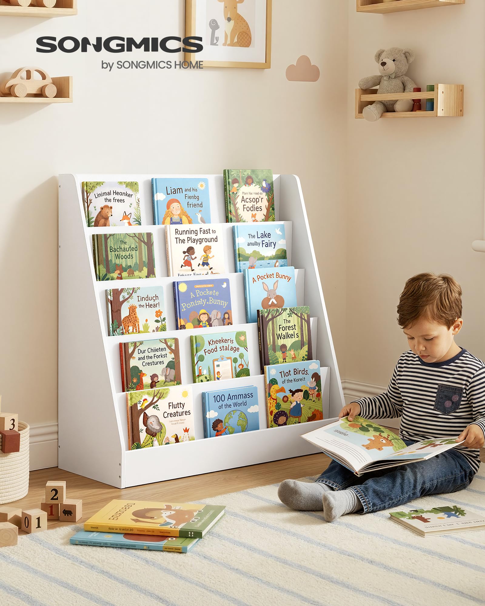 SONGMICS Estantería Infantil, Estantería Montessori de 5 Niveles, Soporte para Libros Ilustrados, para Guardería, Zona de Lectura, 30 x 80 x 80 cm, Blanco Nube GKR076WZ01