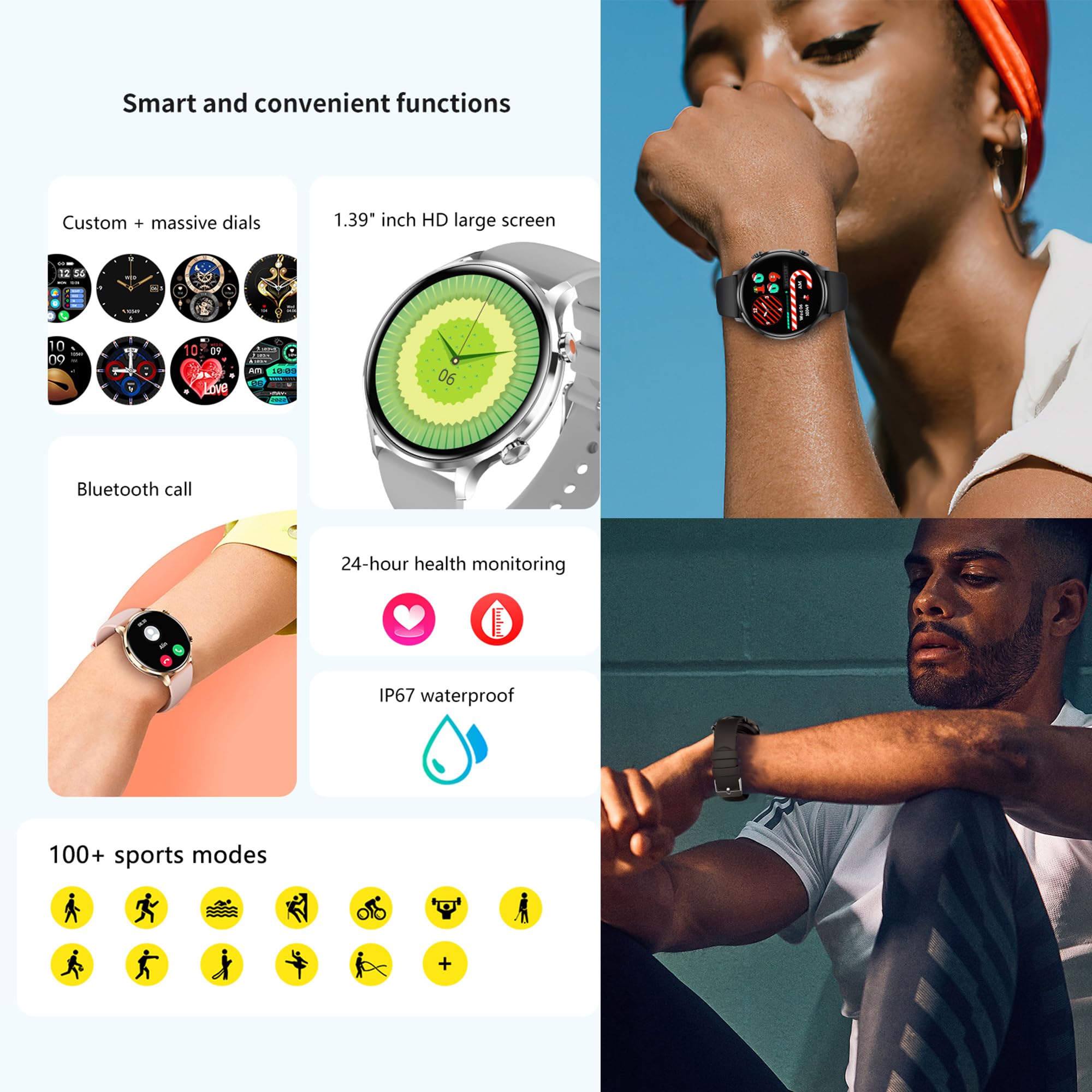 Reloj Inteligente Hombre con Llamadas, 1,39 Pulgada Cuero Smartwatch Deportivo con Podometro Pulsometro SpO2 Sueño Presion Arterial Pulsera Actividad 5ATM Reloj para iOS Android 3 Correas (Negro)