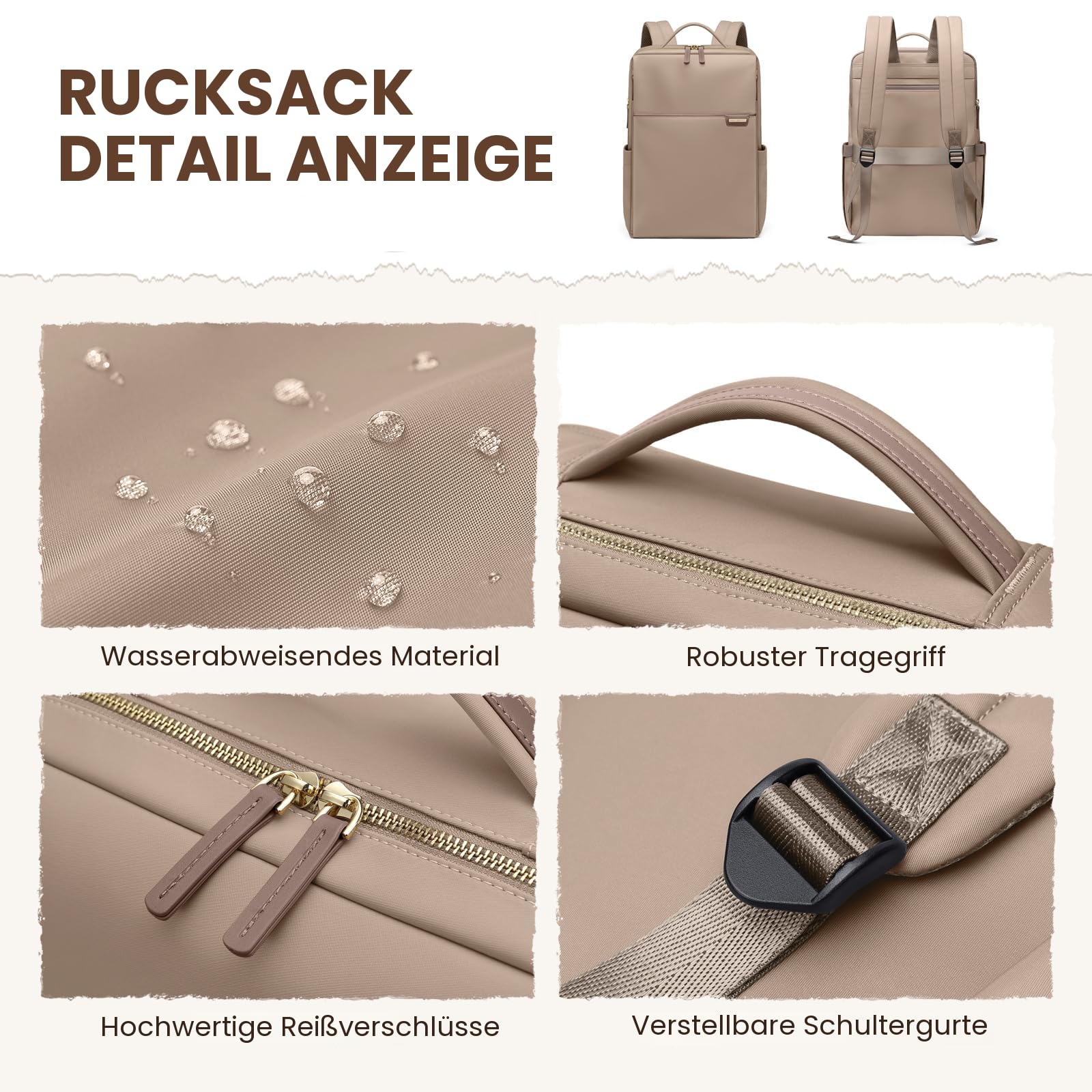 Laptop Rucksack für Damen 16 Zoll, Arbeit, Business, Computer-Rucksäcke mit Laptopfach, wasserdicht, lässig, Tagesrucksack für Reisen,Braun