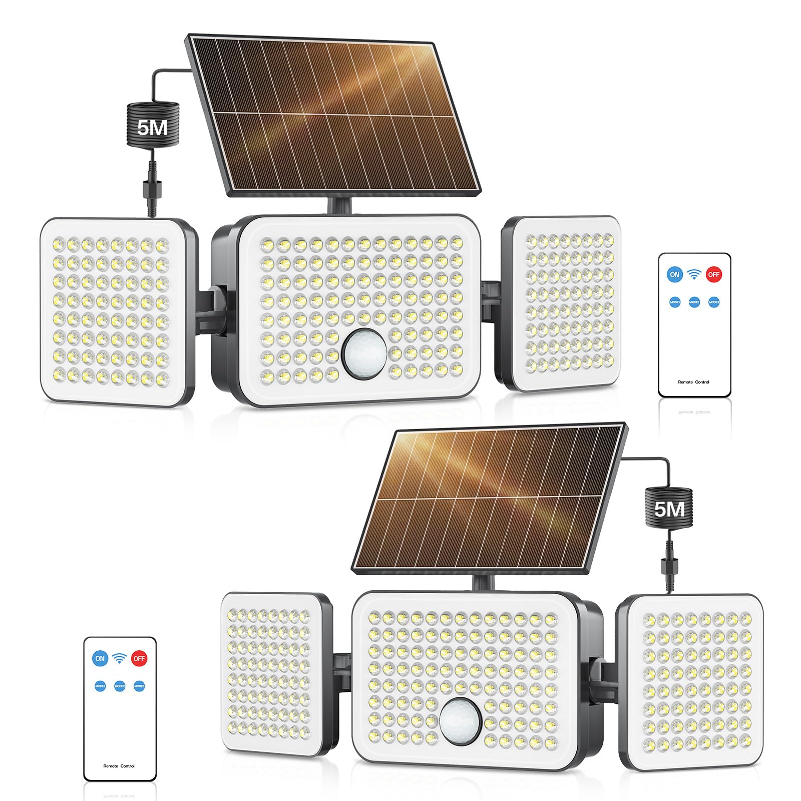 Luces de seguridad con sensor de movimiento para exteriores, 233 LED, rotación de 360°, 3 cabezales, luz solar de pared con 3 modos de control remoto, IP65 impermeable, luces solares de pared