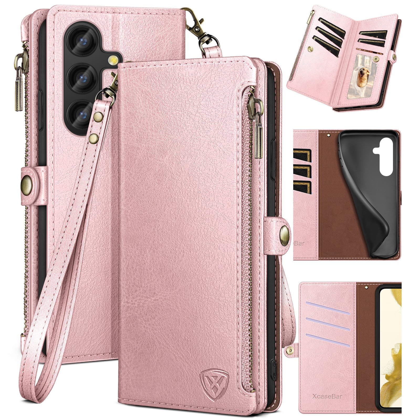 XcaseBar for Samsung Galaxy S24 Plus/S24+ Wallet case with Zipper Credit Card Holder RFID Blocking,Flip Folio Book PU Leather Shockproof Protective Cover Women Men Samsung S24Plus Phone case Rose Gold