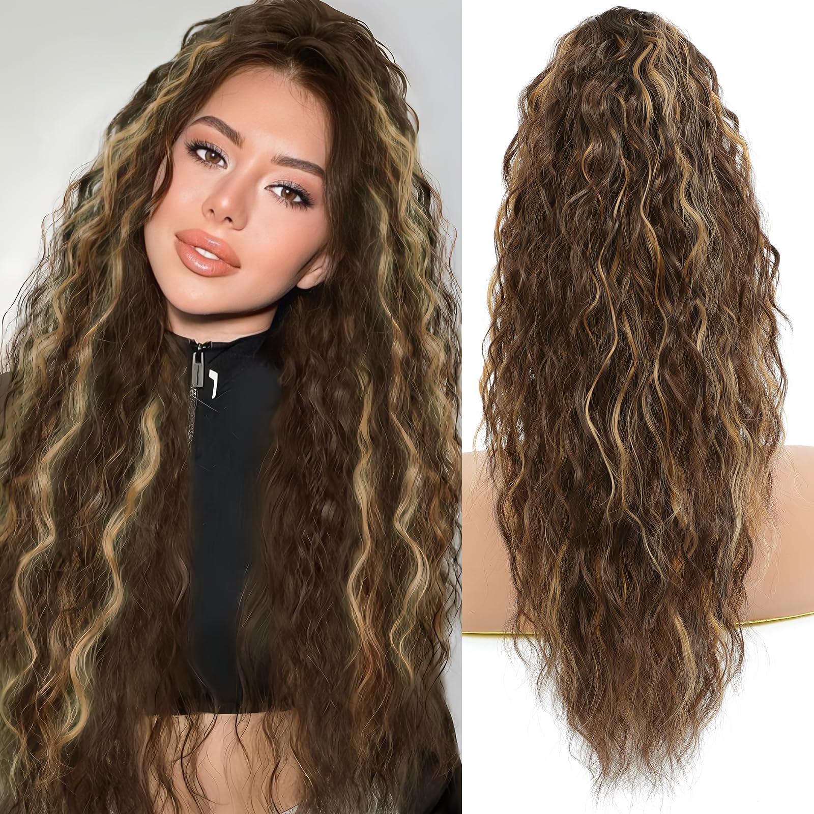 Ponytail Extension, Claw Clip on Pony tails Hair Extension for Women 22 Inch Long Wavy Curly Fake Ponytail Clip in Hair Pieces for Women Fluffy