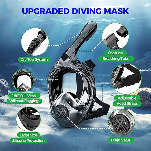 Miniatura 4 de Máscara de esnórquel de cara completa para adultos, equipo de esnórquel para niños, diseño antivaho y antifugas con vista panorámica de 180°,