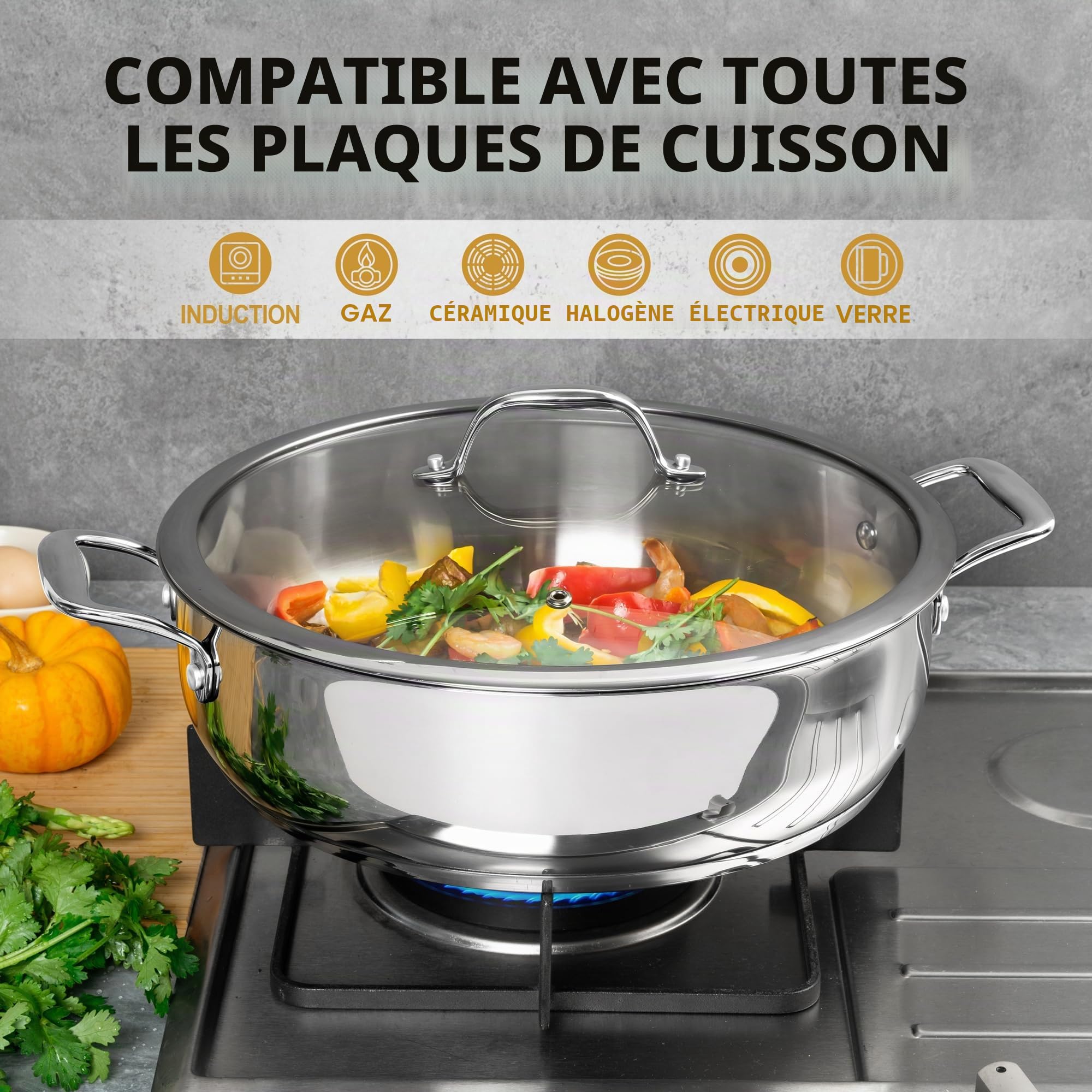MICHELANGELO Poêle en acier inoxydable de 30,5 cm avec couvercle – Grande sauteuse avec couvercle, passe au lave-vaisselle et au four, compatible avec toutes les tables de cuisson, 6 litres