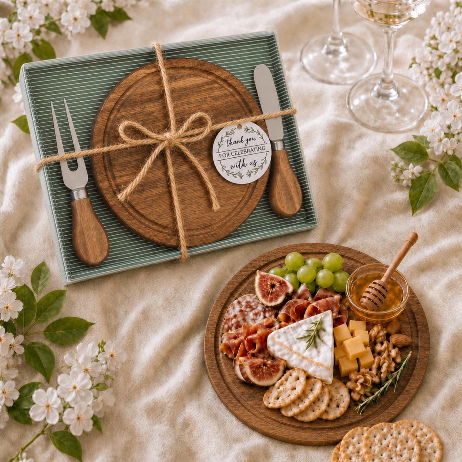 Maxcheck Juego de 6 juegos de premios de juego de novia para baby shower, juego de mesa redonda de queso, mini tabla de embutidos de madera con cuchillos y tenedores, tarjeta de agradecimiento a