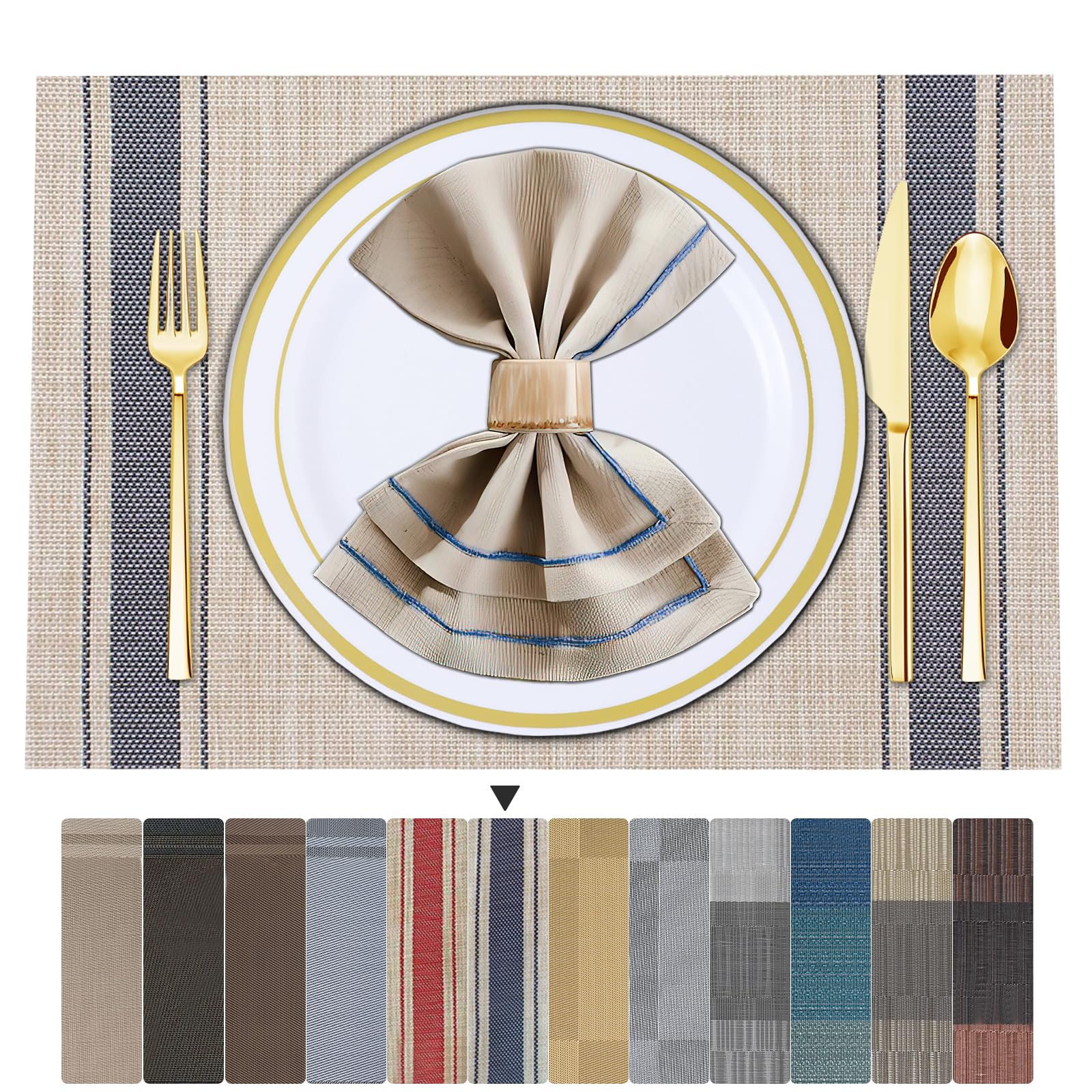 ARTAND Blue Table Mats Set of 4 Woven Vinyl Place Mats for Dinner Table - Washable & Durable Indoor/Outdoor Use - 4 Pcs,01 Blue