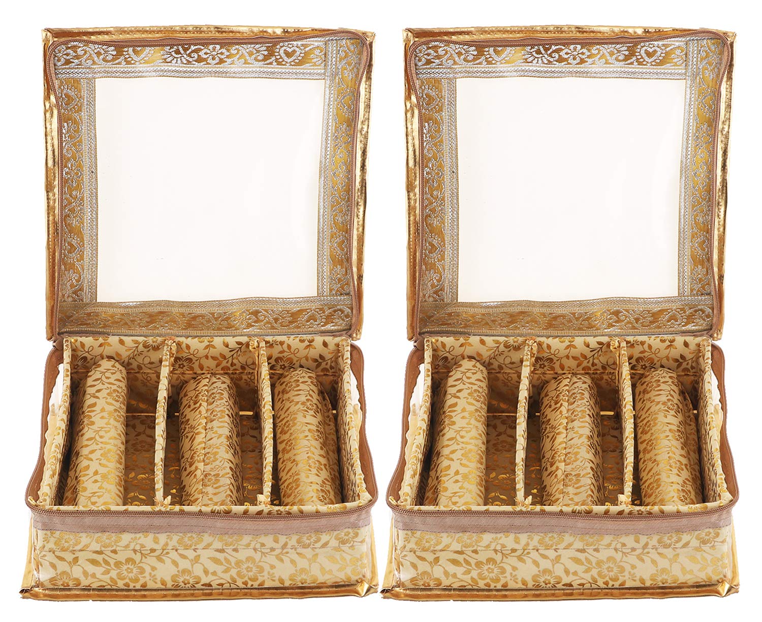 Kuber Industries Brocade Hardboard 2 Pieces Three Rod Bangle Box (Gold)-CTKTC025692