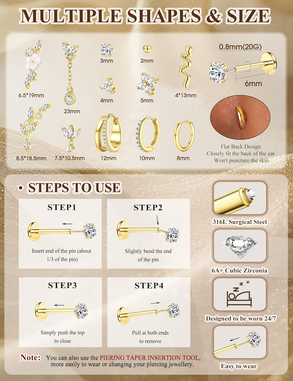 Florideco 20G 18G Threadless Flat Back Earrings Hypoallergenic Push in Stud Earrings 14K Gold Plated 316L Surgical Steel Stud Hoop Earring Sets Cartilage Helix Conch Tragus Nose Piercing Jewelry 12pcs - Image 6