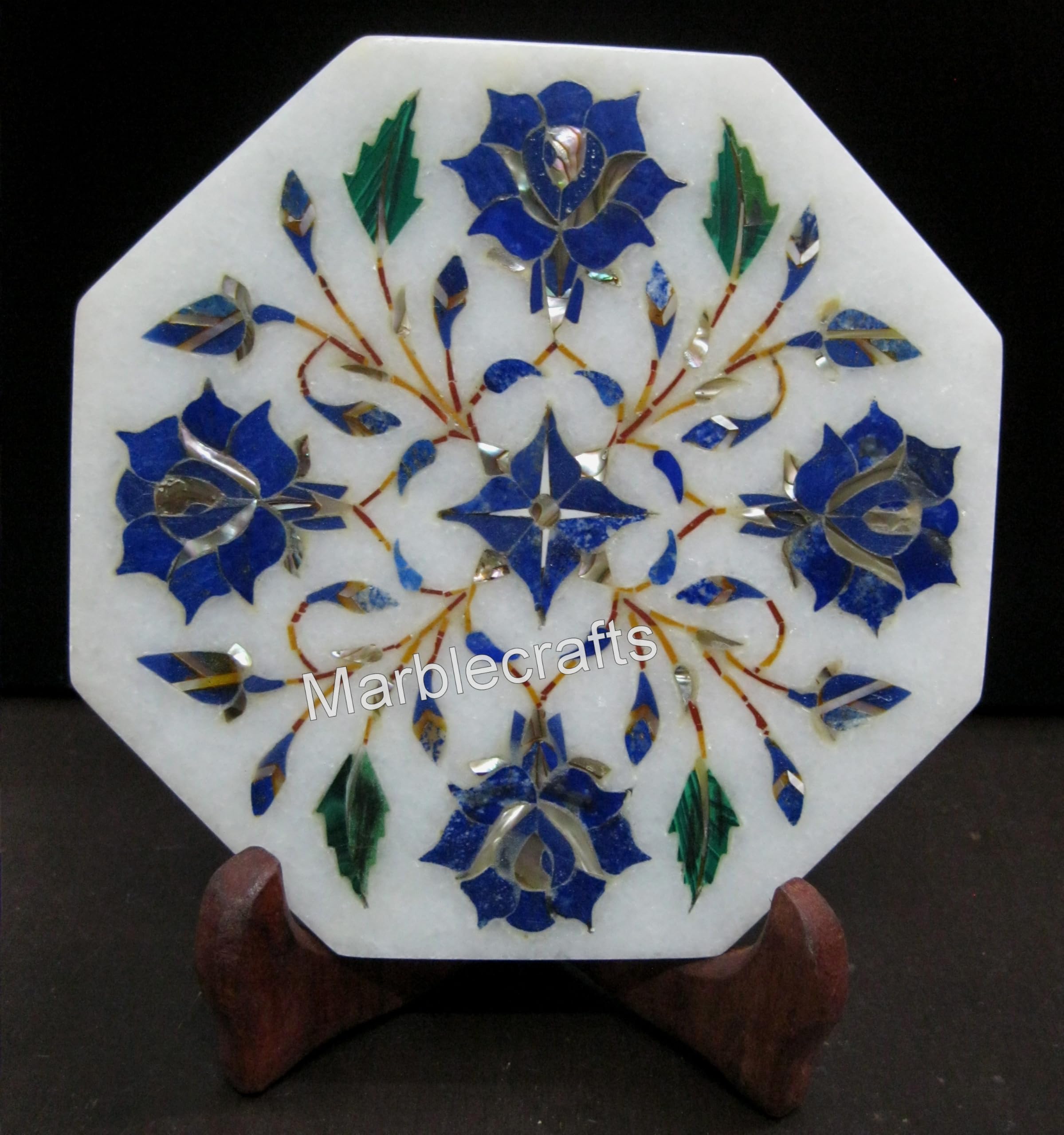 Support de théière marbre blanc 12,7 cm et décor floral bleu