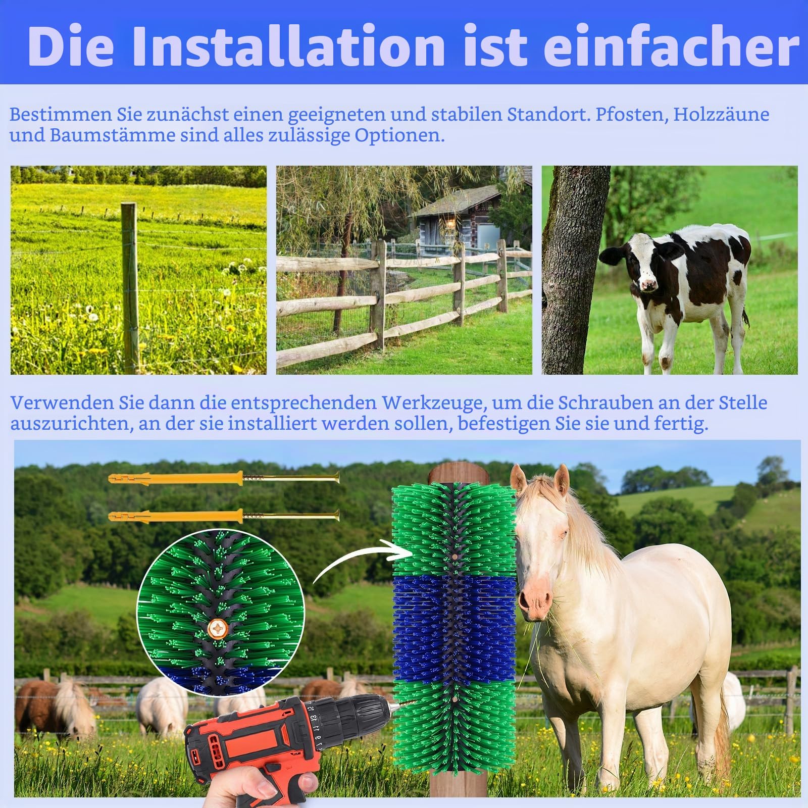 Kratzbürste Pferde für Vieh, Kuhbürste, Rinderkratzer, Pferdebürste und Mähnenbürste, Wurzelbürste für Pferdepflege, Massagebürste zur Linderung von Juckreiz für Haustiere wie Kühe, Schafe (1 Stück)