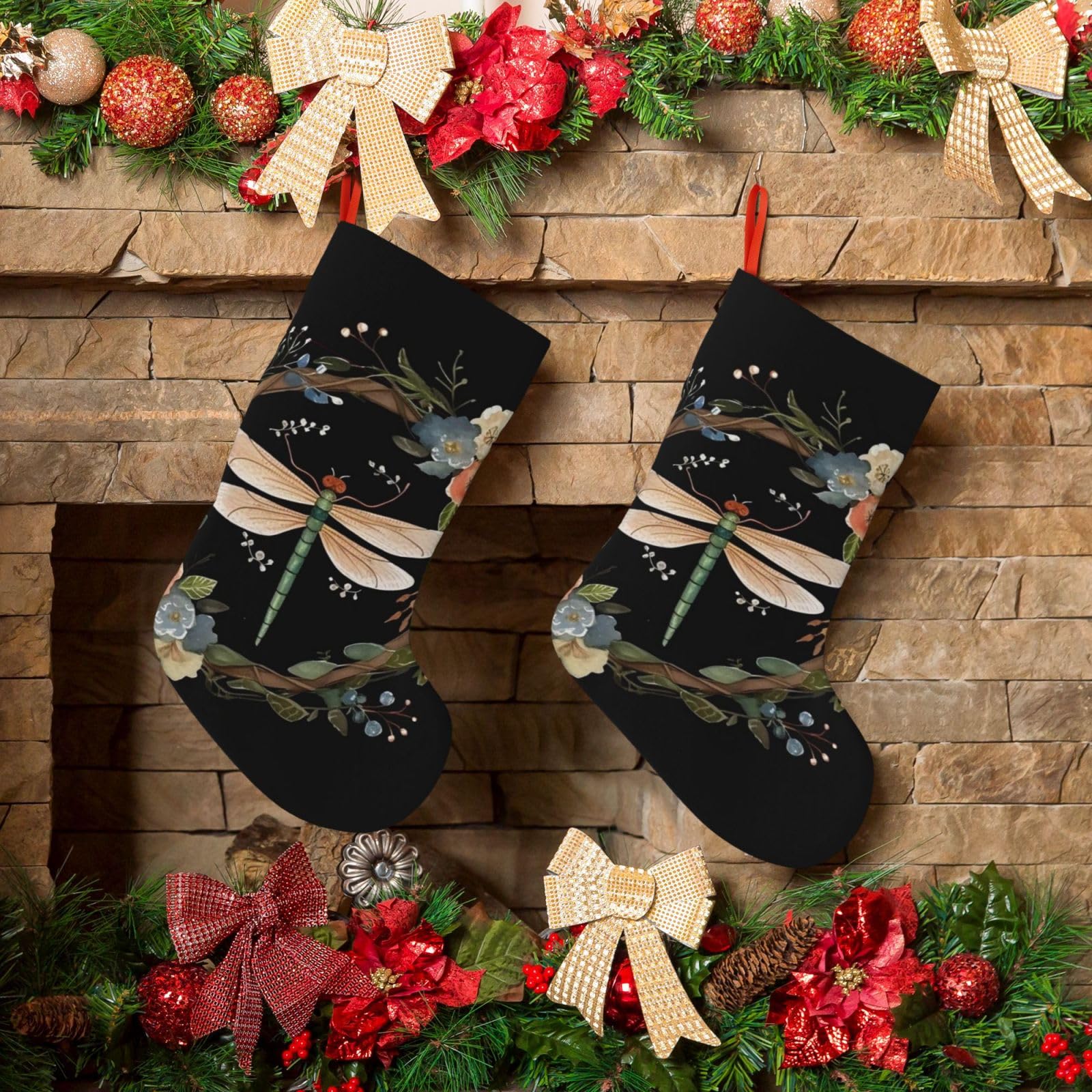 KLOPH Christmas Stockings 18" Personalized Xmas Stocking Image of Dragonfly in Wreath Decoration Stockings Hanging Ornaments Fireplace Stocking for Holiday Xmas Tree Christmas Decor
