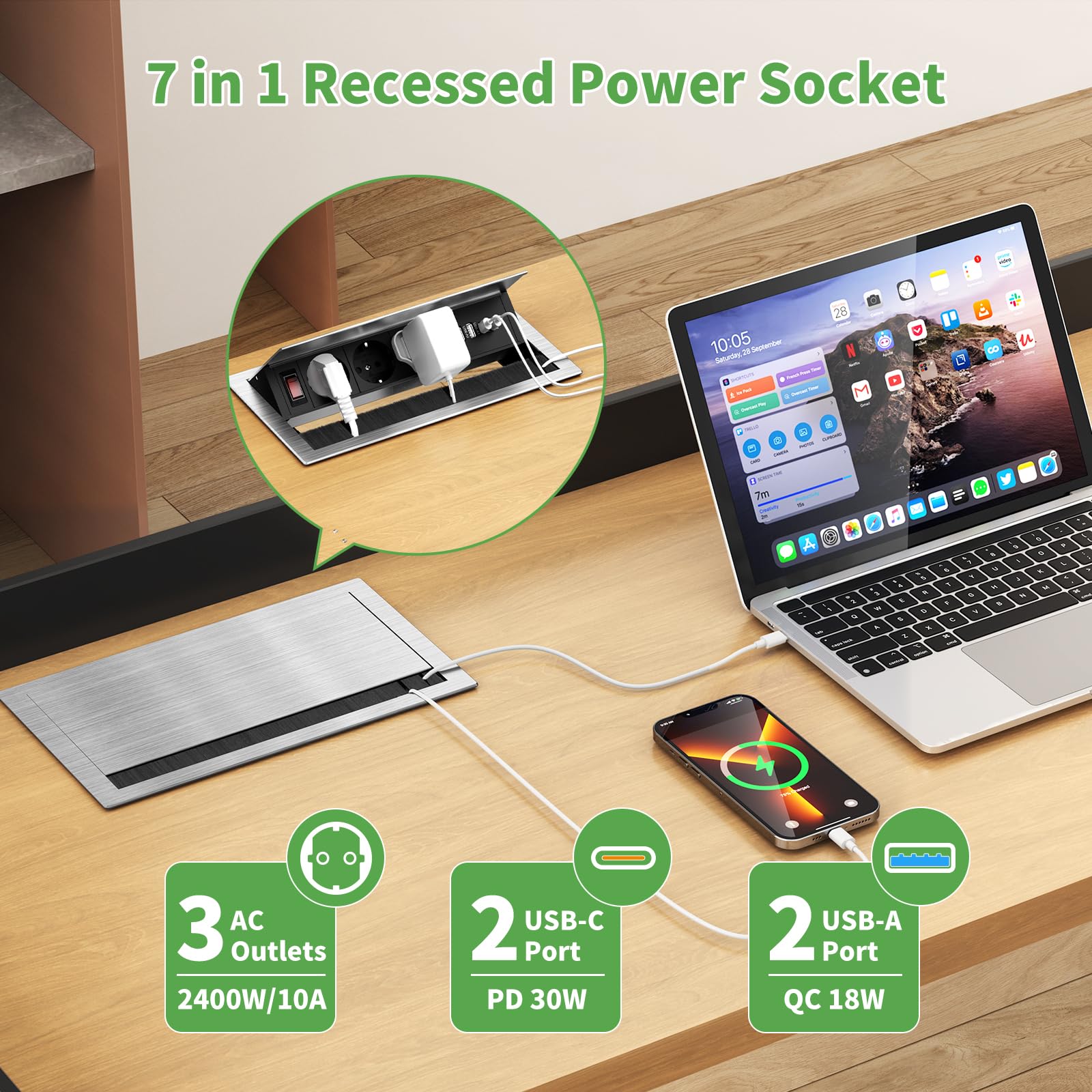 Aluminiowe gniazdko wtykowe z 2 USB-C PD 30 W i 2 USB-A, gniazdko do zabudowy, 3 gniazda z USB i przełącznikiem, wpuszczane gniazdko z USB, do sali konferencyjnej, domu, biura, kabel 1,8 m, 2400 W/10