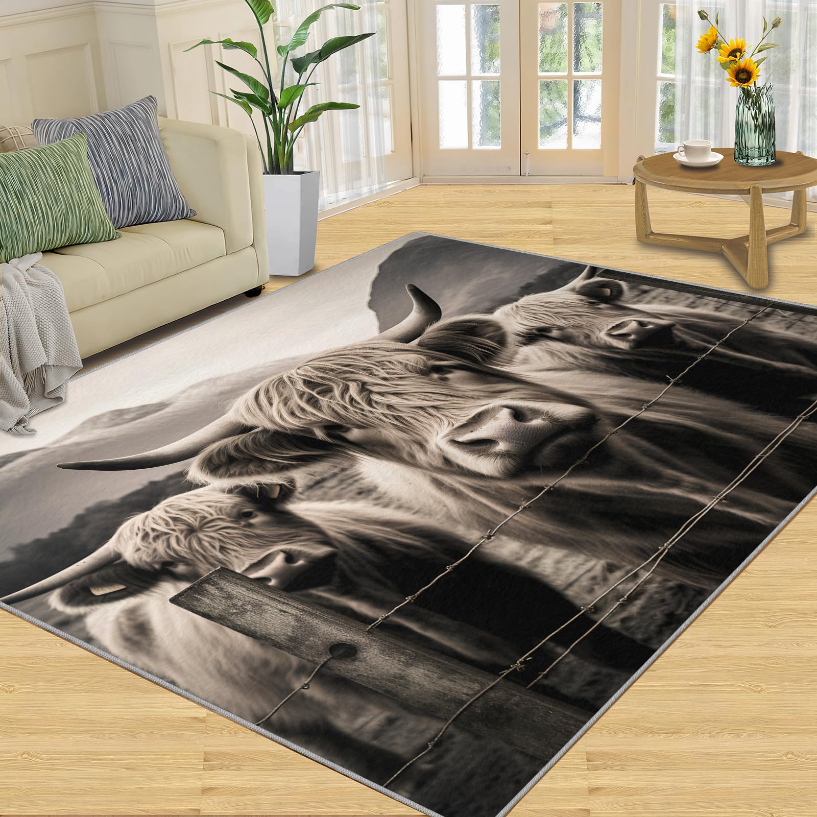 Highland Cow Teppich 80 x 120 cm – rutschfest, waschbar, Bauernhaus-Tier-Design, Indoor-Teppich für Schlafzimmer, lustiges süßes Kuh-Thema für Kinder, Jugendliche und Jungen, grau-weiße