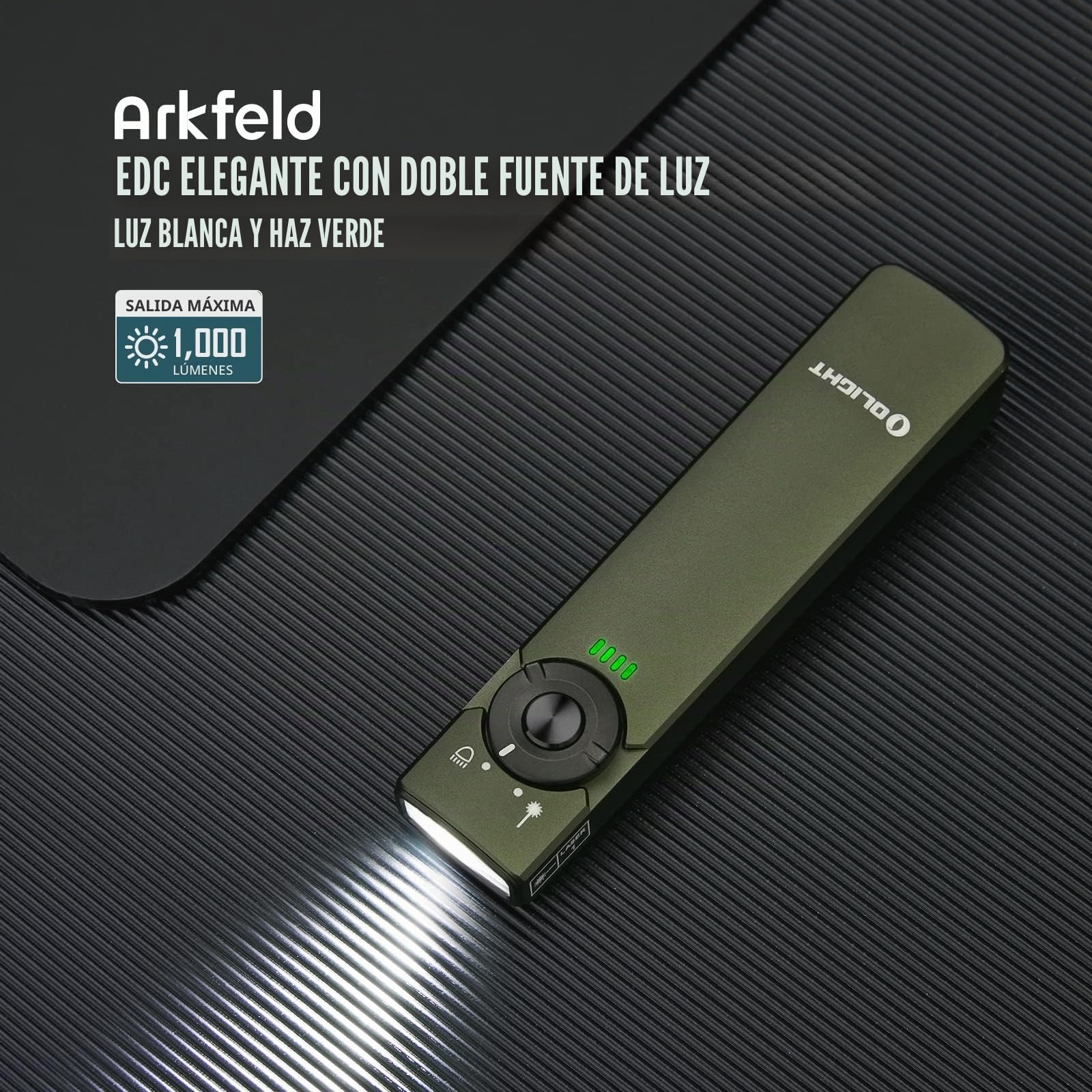 OLIGHT Arkfeld Doble Fuente de Luz Recargable EDC Linterna，Combinación de Haz Verde y LED Blanco, IPX7 y 1m Prueba de Caída,Adecuado para al Aire Libre, el Trabajo y de Emergencia