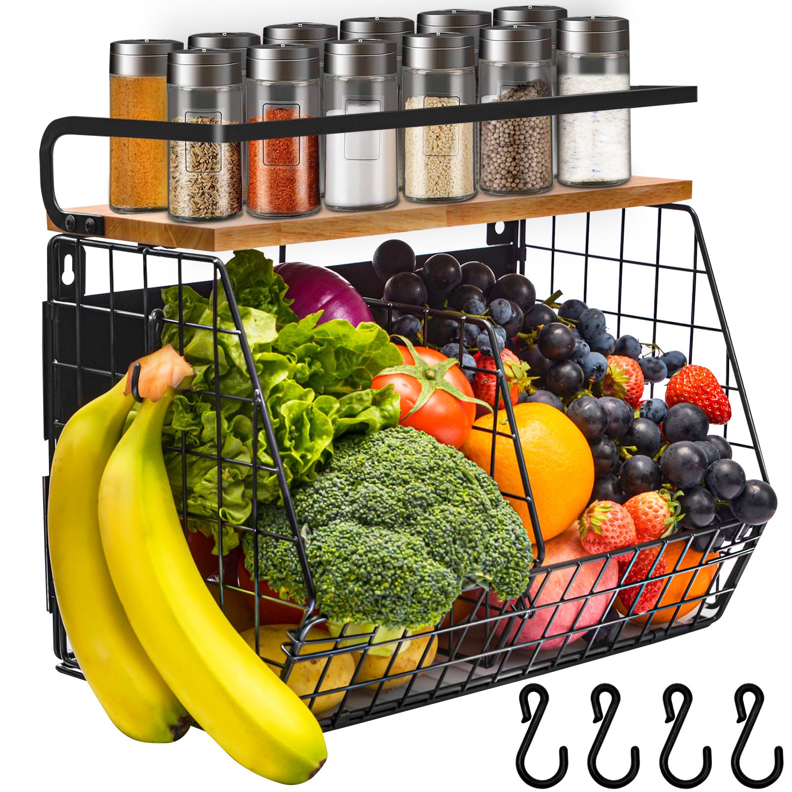 Lermende Magnetico Porta Frutta Cucina: 2 in 1 Scaffale Magnetici per Frigorifero, Organizer da Cucina Senza Forature con 4 Ganci Mobili per Cucina, Lavanderia, Area Ristoro, Spazio Relax.