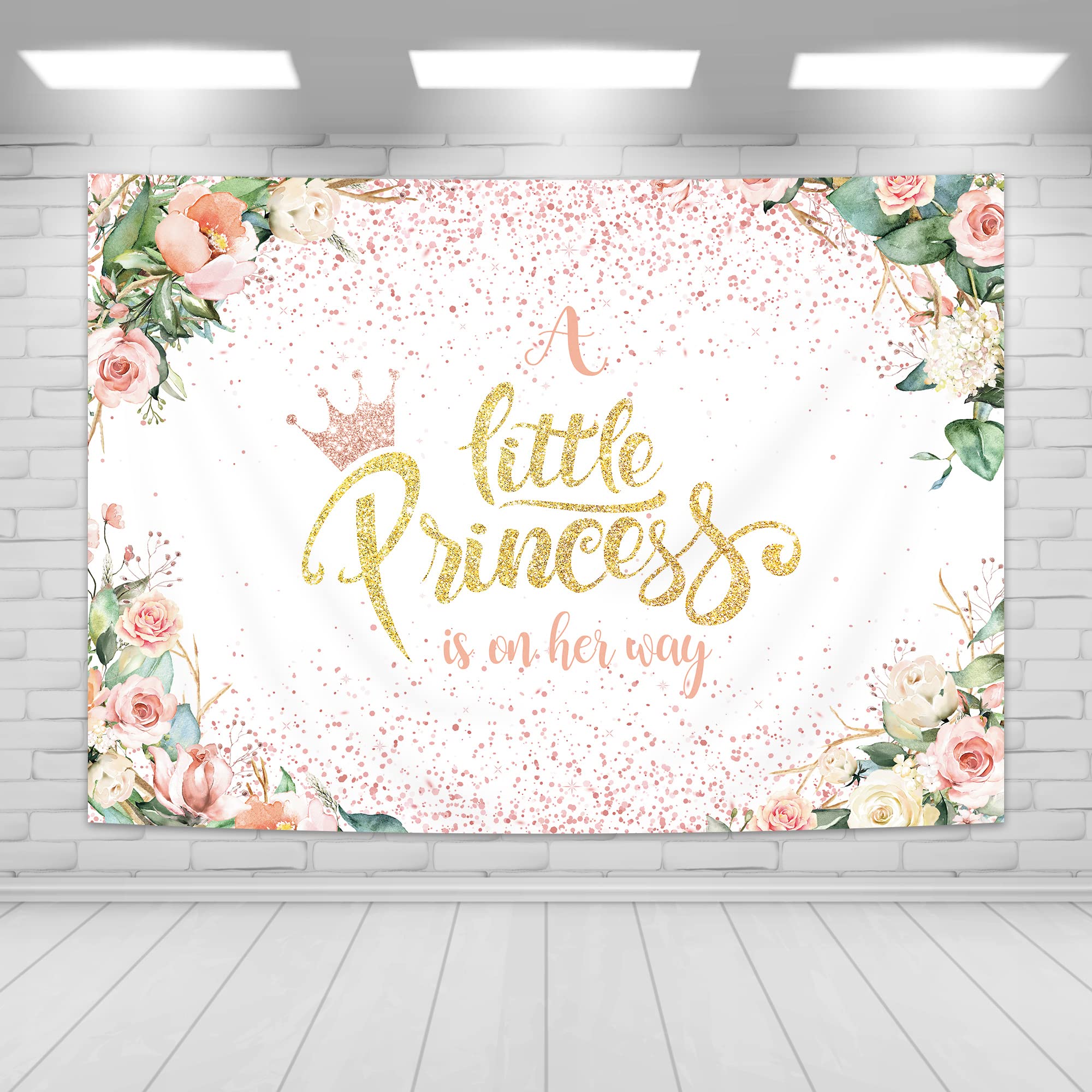 Photo 1 of Imirell Princess Baby Shower Backdrop 7Wx5H Feet Gold Pink Crown Blush Floral Flower Little Baby Girl Cake Dessert Table Photography Background Supplies Photo Shoot Decor Props Decoration Fabric Cloth 7Wx5H Pink Floral