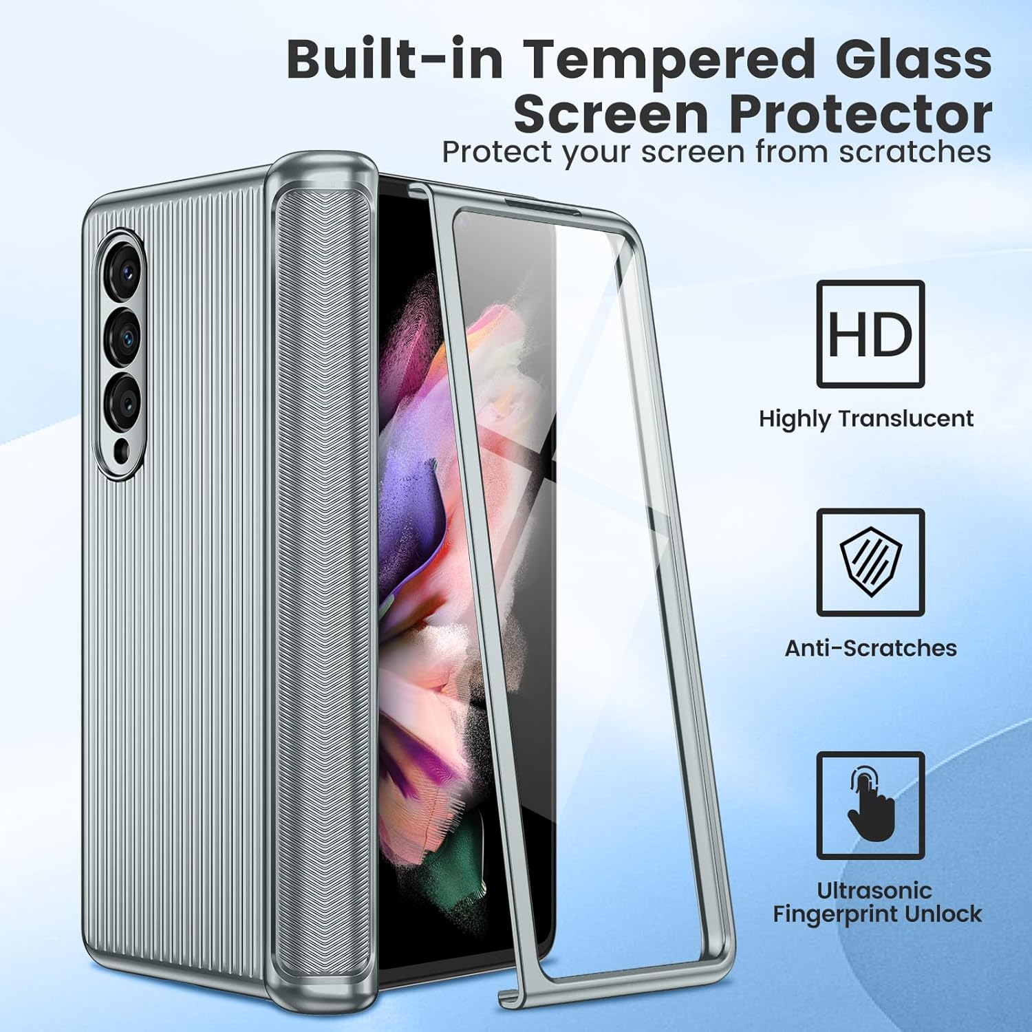 Ruky for Galaxy Z Fold 3 Case Hinge Coverage Protection, Full Body [with Built-in Screen Protector] Hard PC Ultra-Thin Shockproof Protective Phone Case for Samsung Galaxy Z Fold 3 - Light Sliver