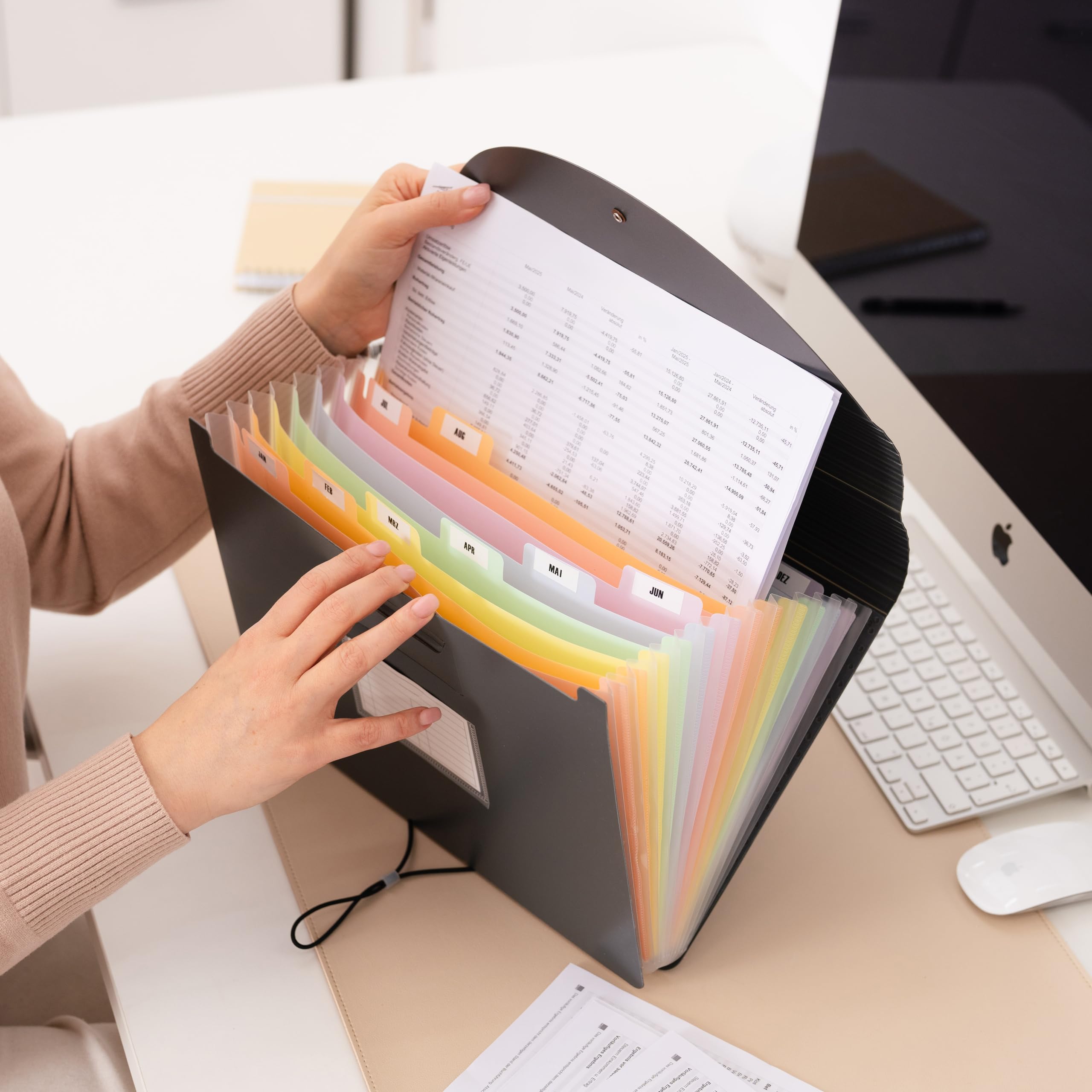 Document Folder A4 12-Pocket Accordion File Organizer Holds Up to 1,500 Sheets Durable Expanding File Folder with Color Tabs Document Case for Office, School, College & Home Grey - Image 2