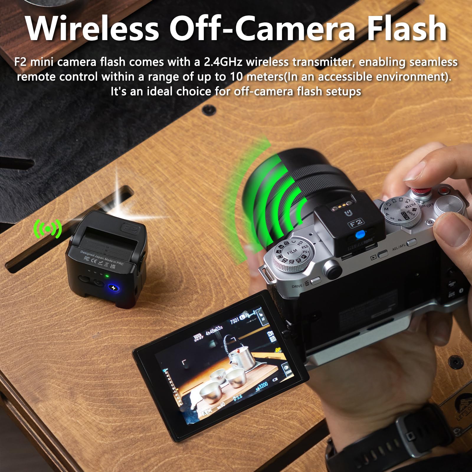 F2 Mini Camera Flash 2.4GHz Wireless Off-Camera Flash for Canon/Sony ZV1/Fuji/Nikon/Ricoh Gr3/Digital Camera/Hot Shoe Flash for DSLR Camera/Magnetic Base & 10m Remote Control(Black).