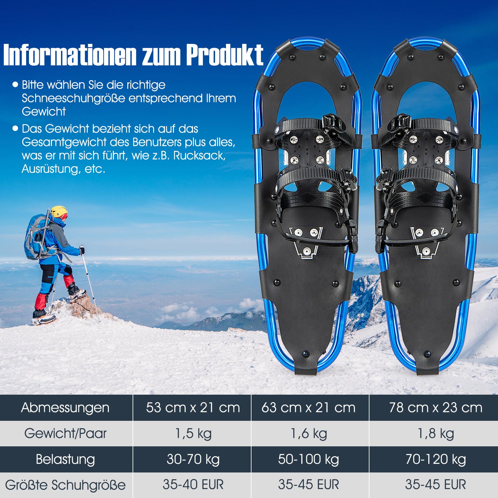 COSTWAY Schneeschuhe mit Steighilfe, Schuhgröße 38-45, Schneeschuhe mit Doppel-Ratschenbindungssystem, Aluminiumrahmen, Trekkingstöcke & Tragetasche, Gamaschen, für Herren, Damen