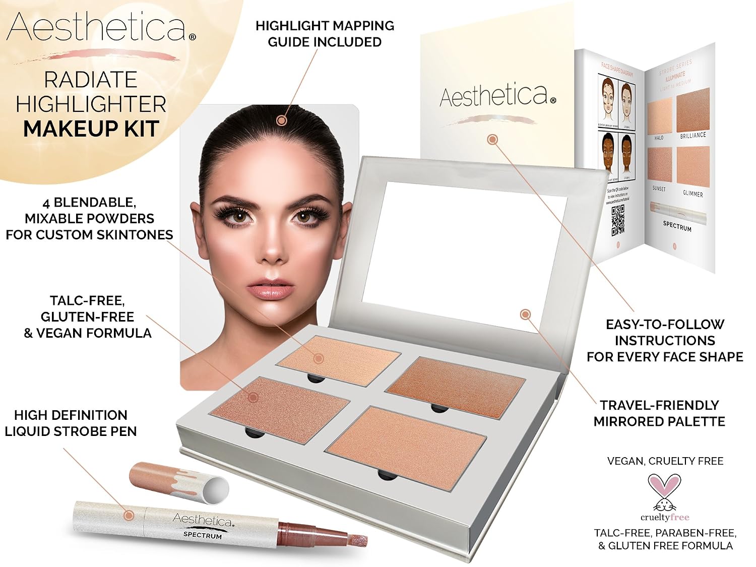 Aesthetica Strobe Series Highlighter Kit - 4 Powders & 1 Liquid Highlighter (Radiate)
