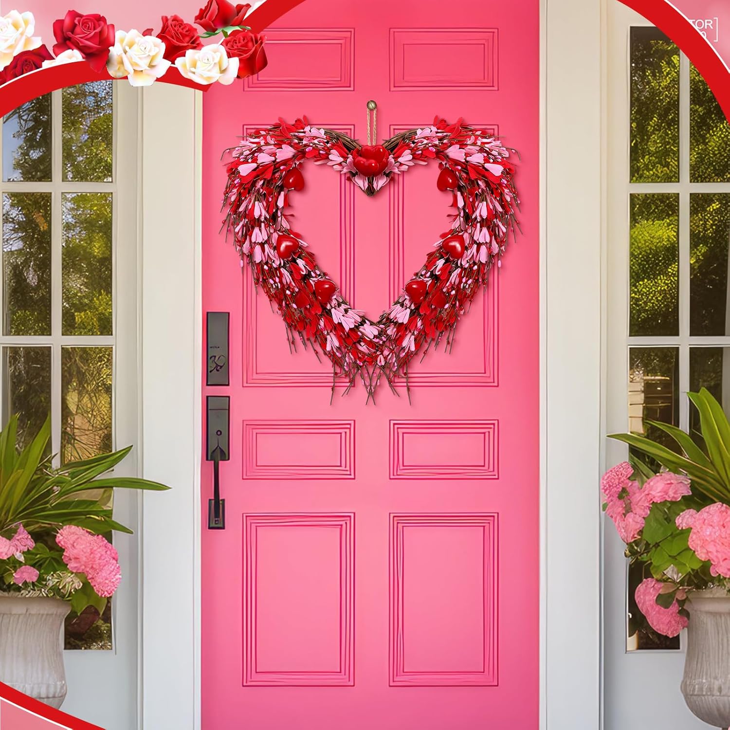 Valentine's Day Wreath for Front Door 14 Inches Valentines Heart Shaped Forsythia Flower Wreath with Artificial Red Pink Berries Small Red Hearts for Home Indoor Anniversary Party - Image 3