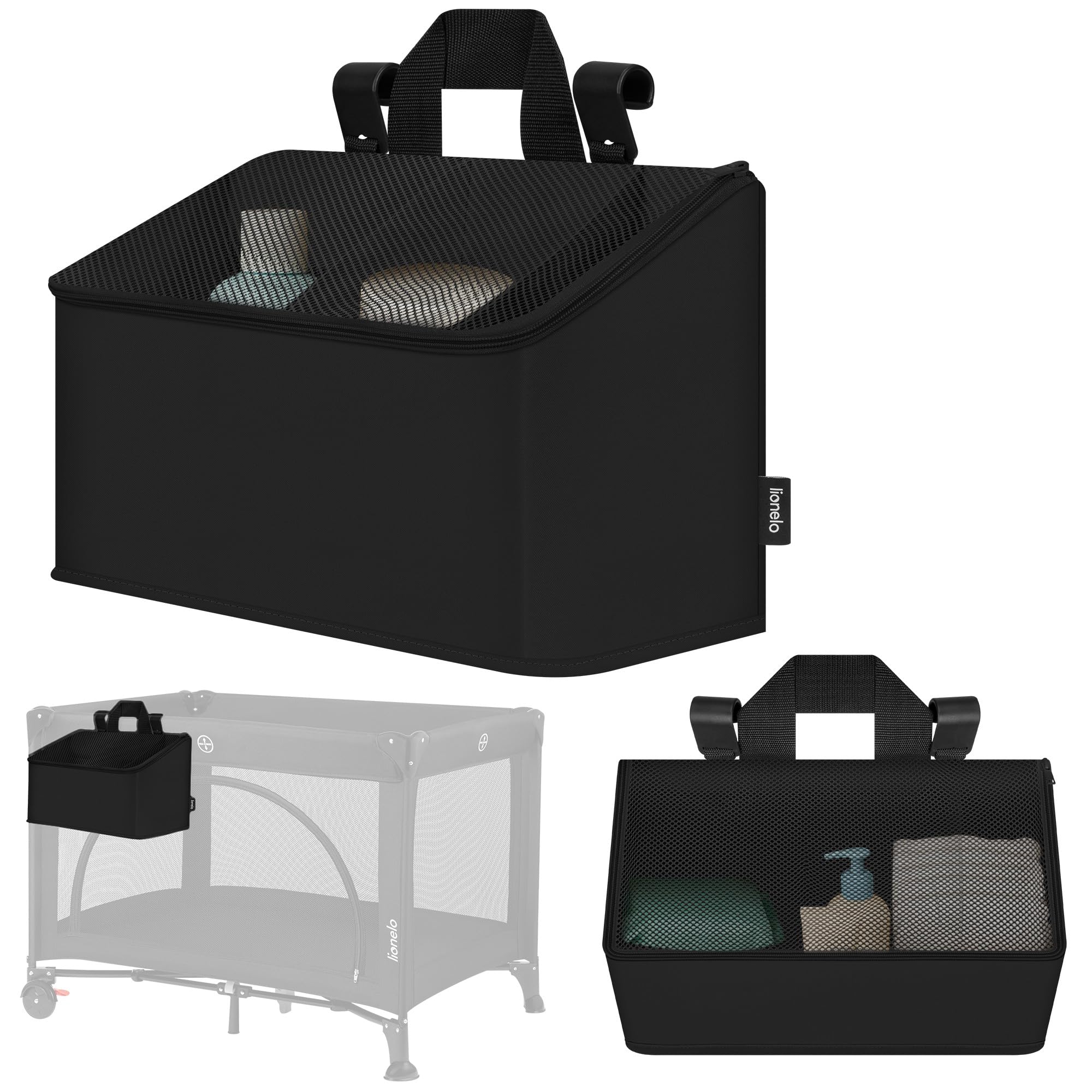 Lionelo Sidepocket Medium Hanging Nursery Organiser 43×15×23 cm – Portable Cot Storage with 3 Zip Compartments & Carry Handle – Fits Travel Cots, Bedside Cots, Cribs & Playpens