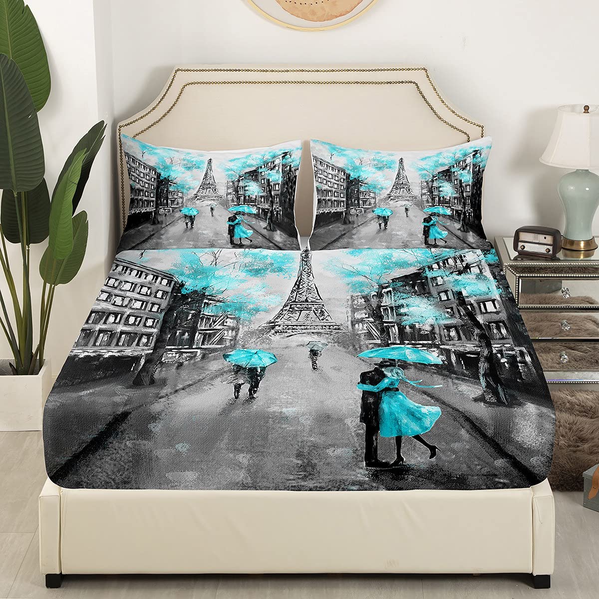 Set Copripiumino King Size Torre Eiffel Rosa E Grigio | Biancheria Letto Parigi Romantica