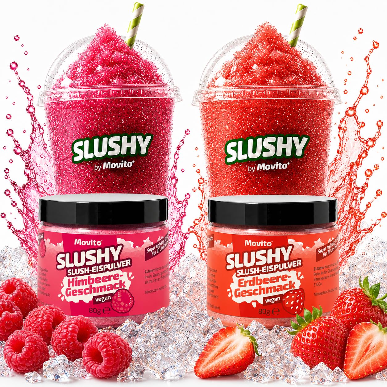 Slush Eis Sirup Beeren Set für 20 Liter Slush | Himbeer & Erdbeere | Pulver Konzentrat für Slush Maschine & Slushy Maker | AZO Frei | Ohne Zucker & Süßstoff