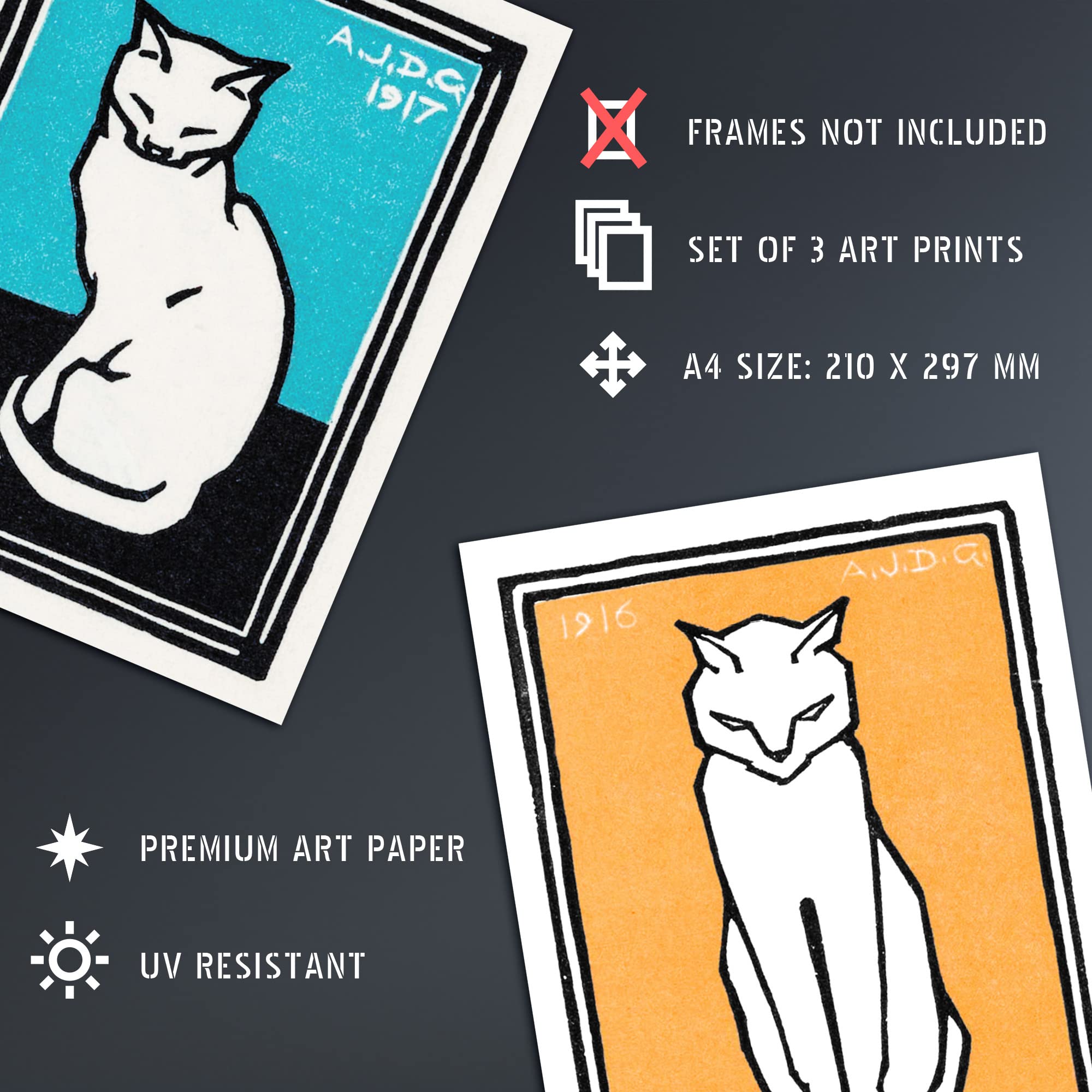 Artery8 Three Sitting Cats Vintage Julie De Graag Set Of 3 Unframed Wall Art Prints Living Room Bedroom Aesthetic Retro A4 - Image 4