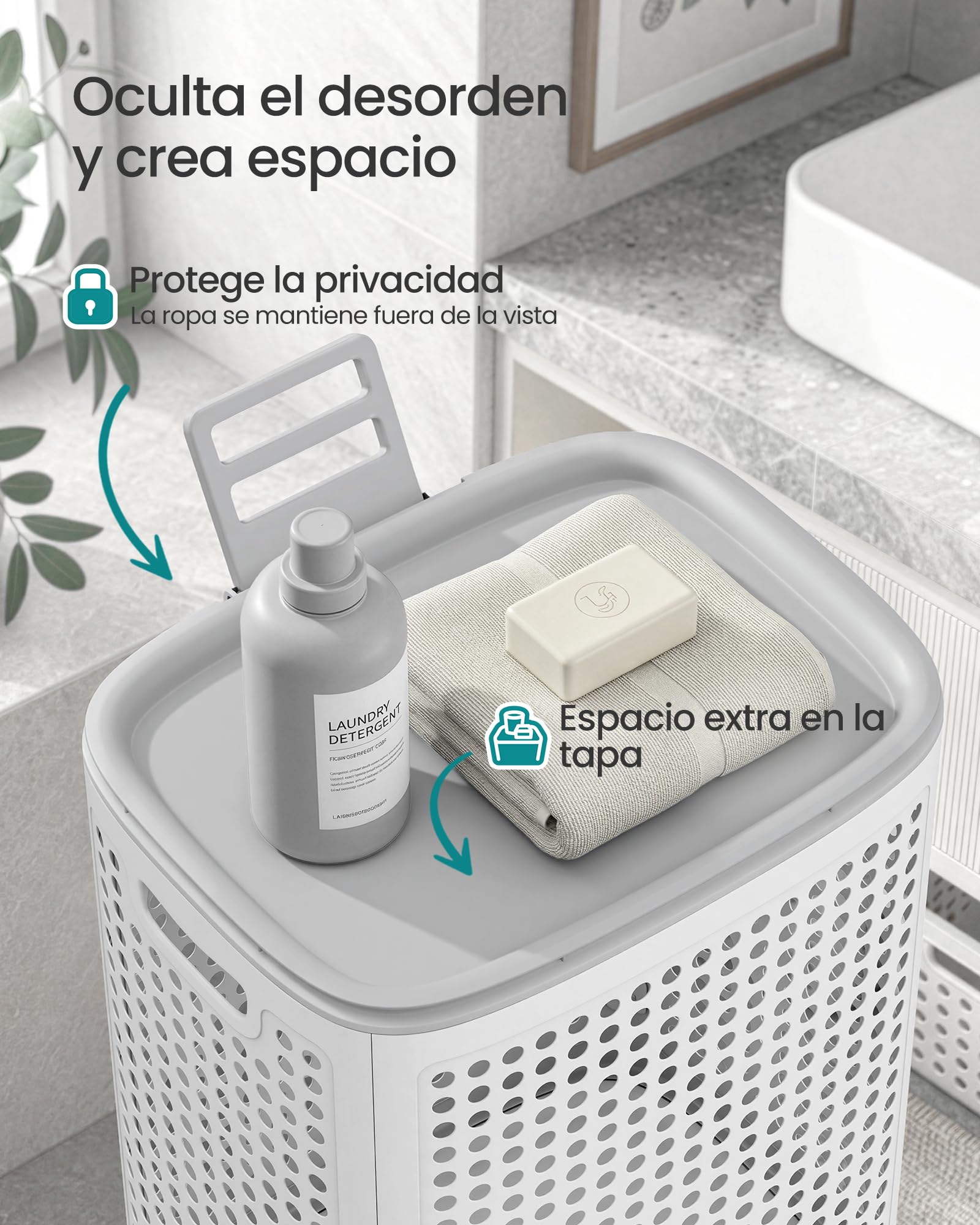 SONGMICS Cesto de Ropa con Tapa 75 L Plástico Blanco y Gris RLH021WG01